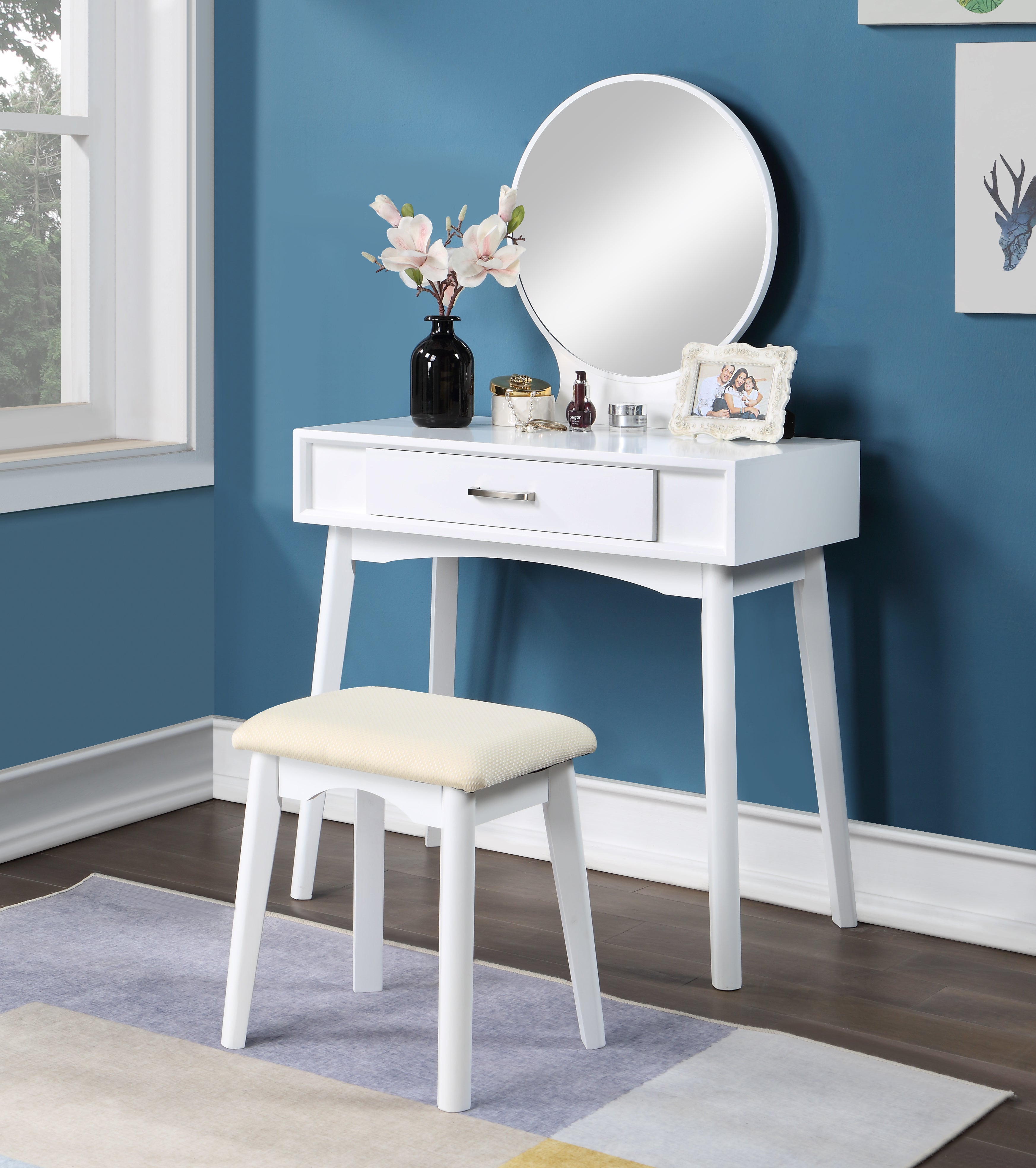 Maly Contemporary Wood Vanity and Stool Set, White