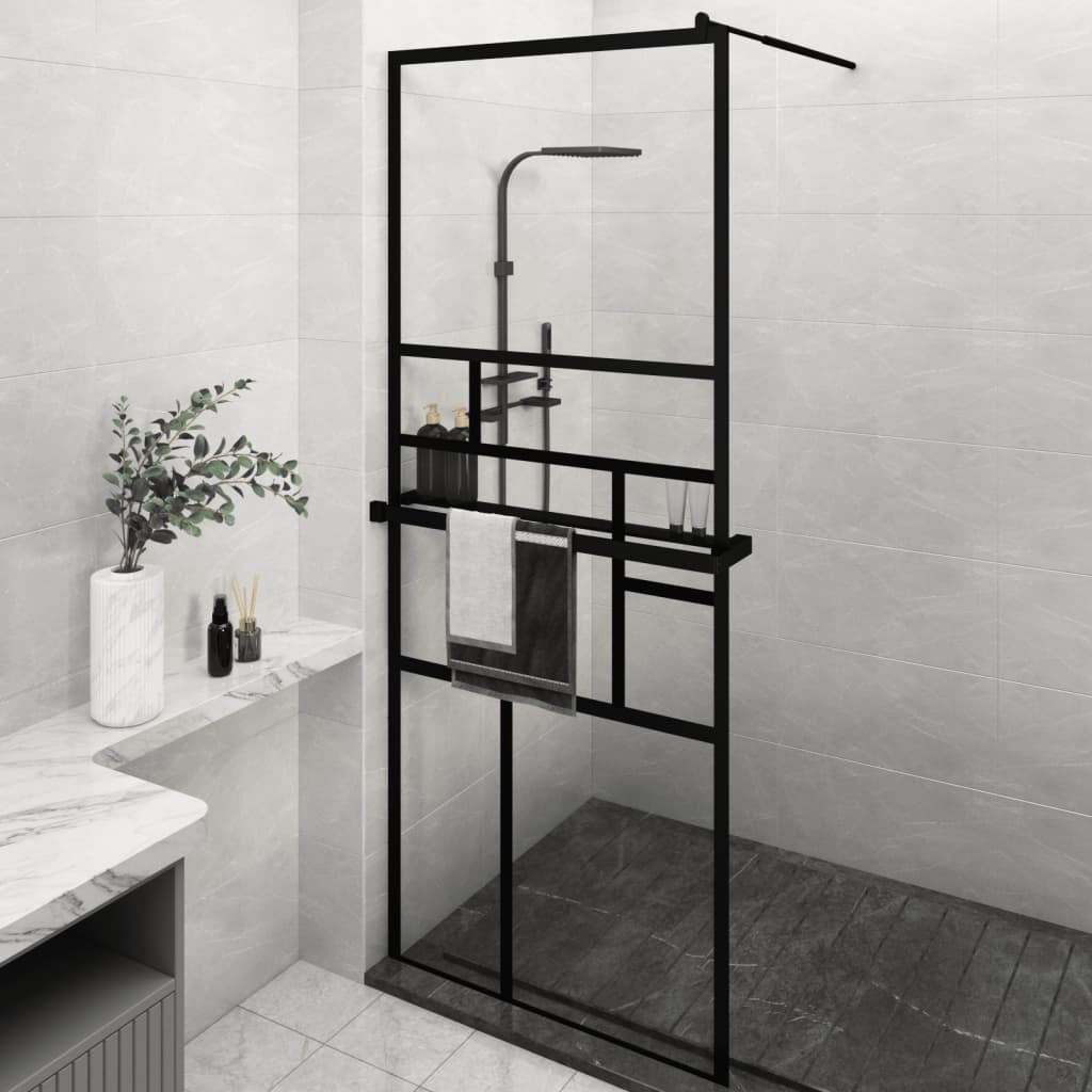 Walk-in Shower Wall with Shelf Black 31.5"x76.8" ESG Glass&Aluminum