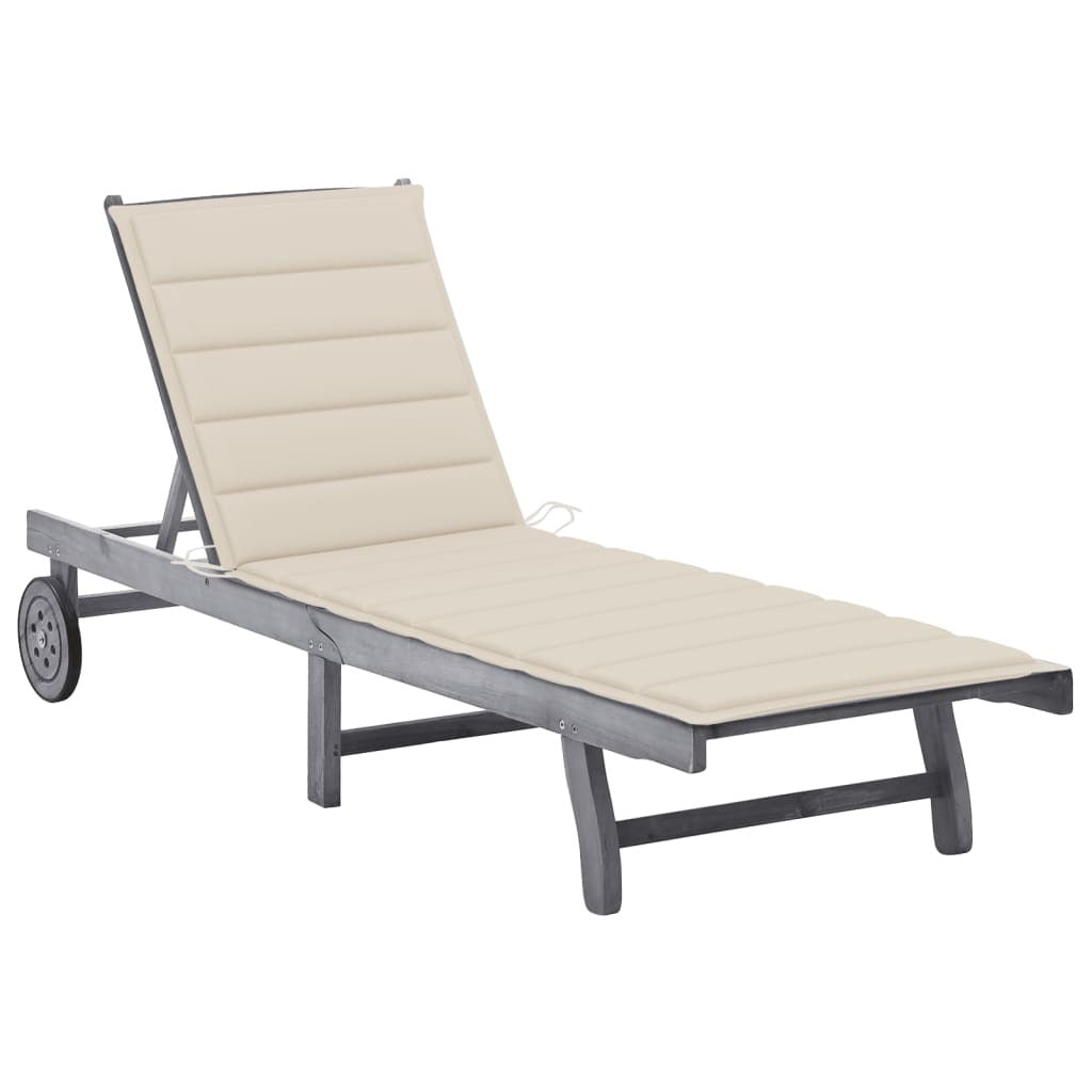 Patio Sun Lounger with Cushion Gray Solid Wood Acacia