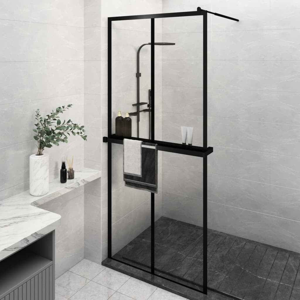 Walk-in Shower Wall with Shelf Black 39.4"x76.8" ESG Glass&Aluminum