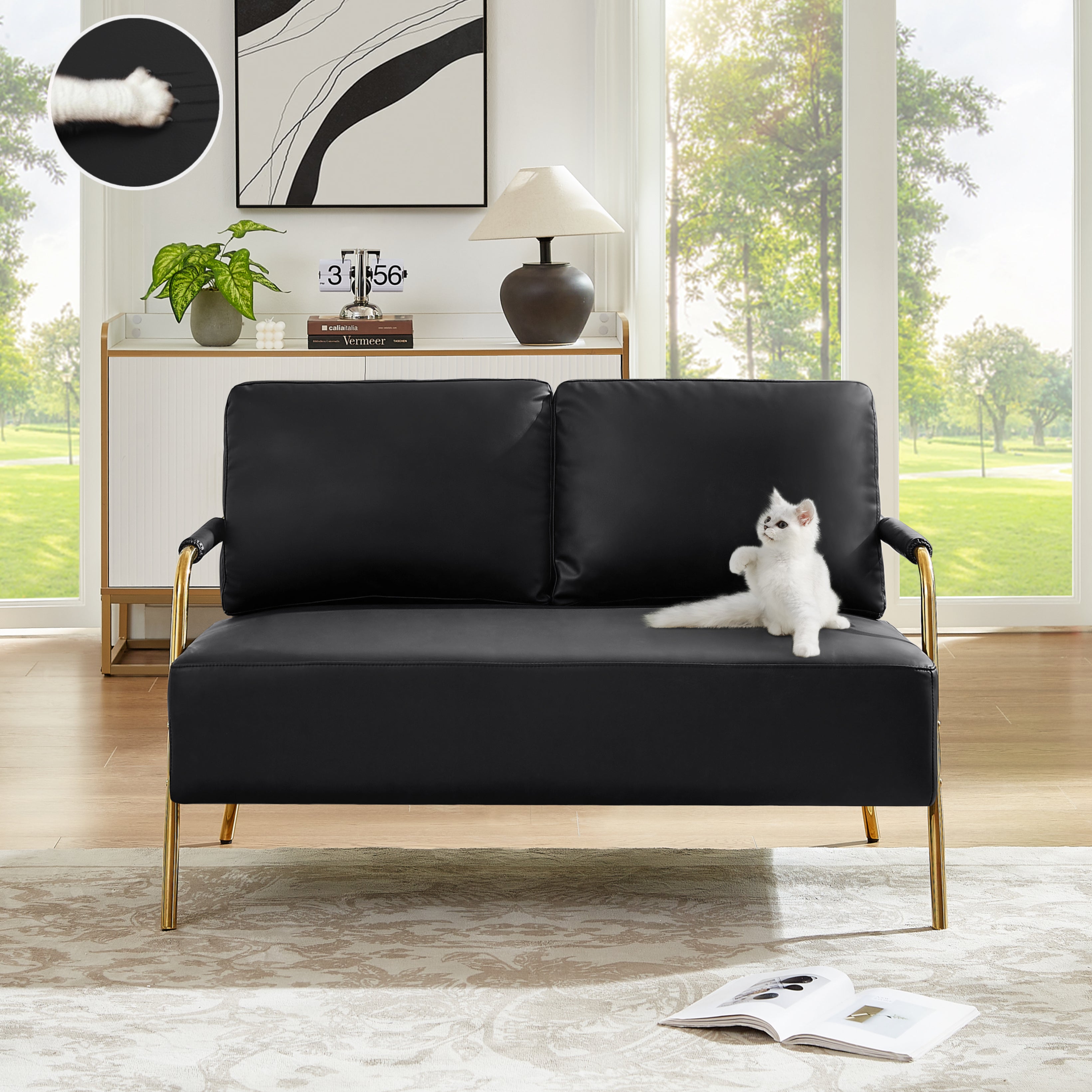 Small Sofa Seater Pet Friendly Fabric Upholstered Loveseat 2-seater Couch with Removable Back Cushion and Metal Leg, Modern Couches for Small Spaces Living Room, Bedroom, Apartment, Black