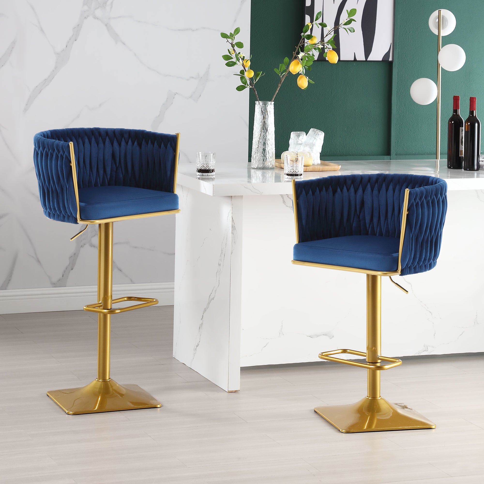 Bar Stools Set of 2,Gold Velvet Bar Stools,Counter Height Bar Stools with Low Back,Swivel Bar Stools for Kitchen Island, Bar Pub Blue