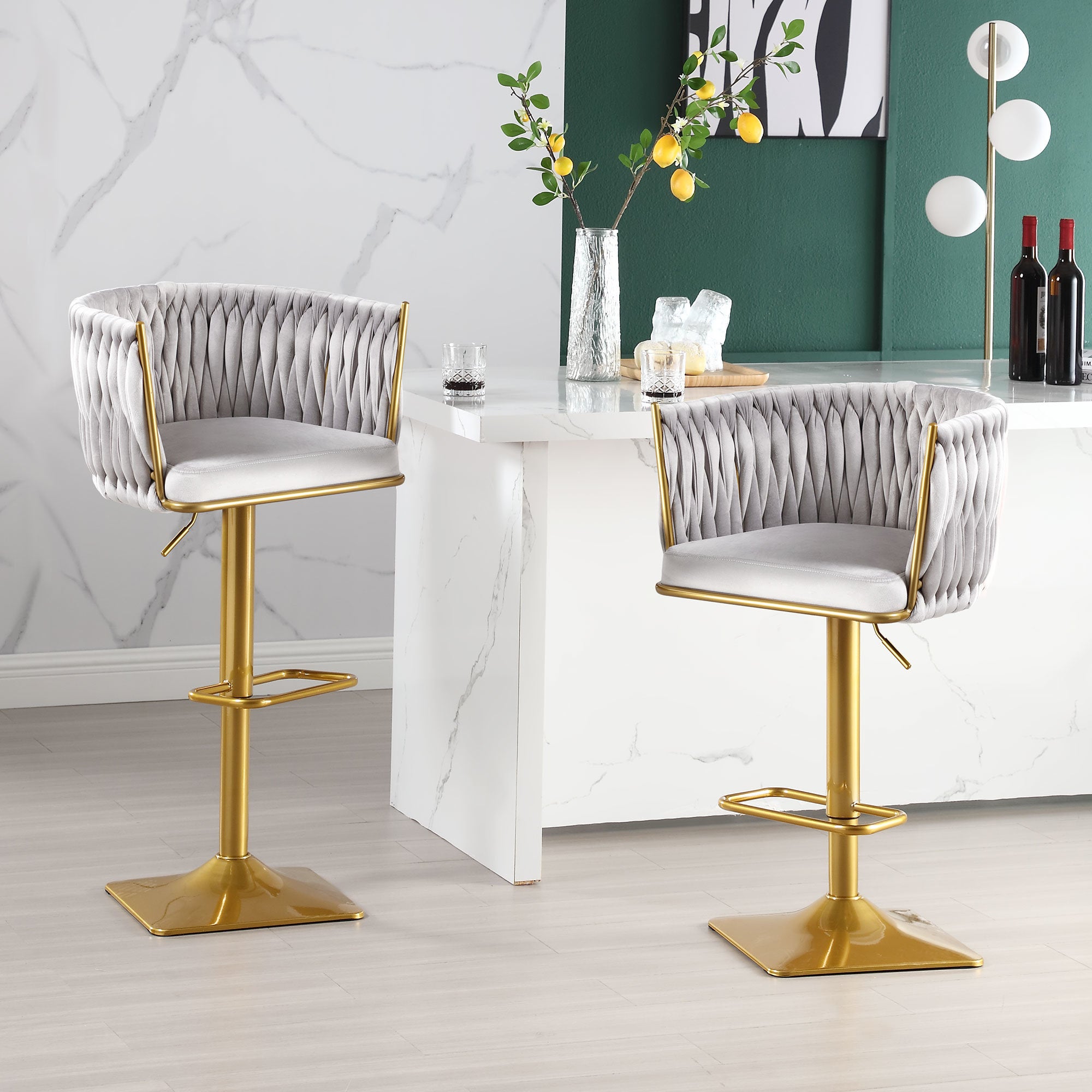 Bar Stools Set of 2,Gold Velvet Bar Stools,Counter Height Bar Stools with Low Back,Swivel Bar Stools for Kitchen Island, Bar Pub Light Grey