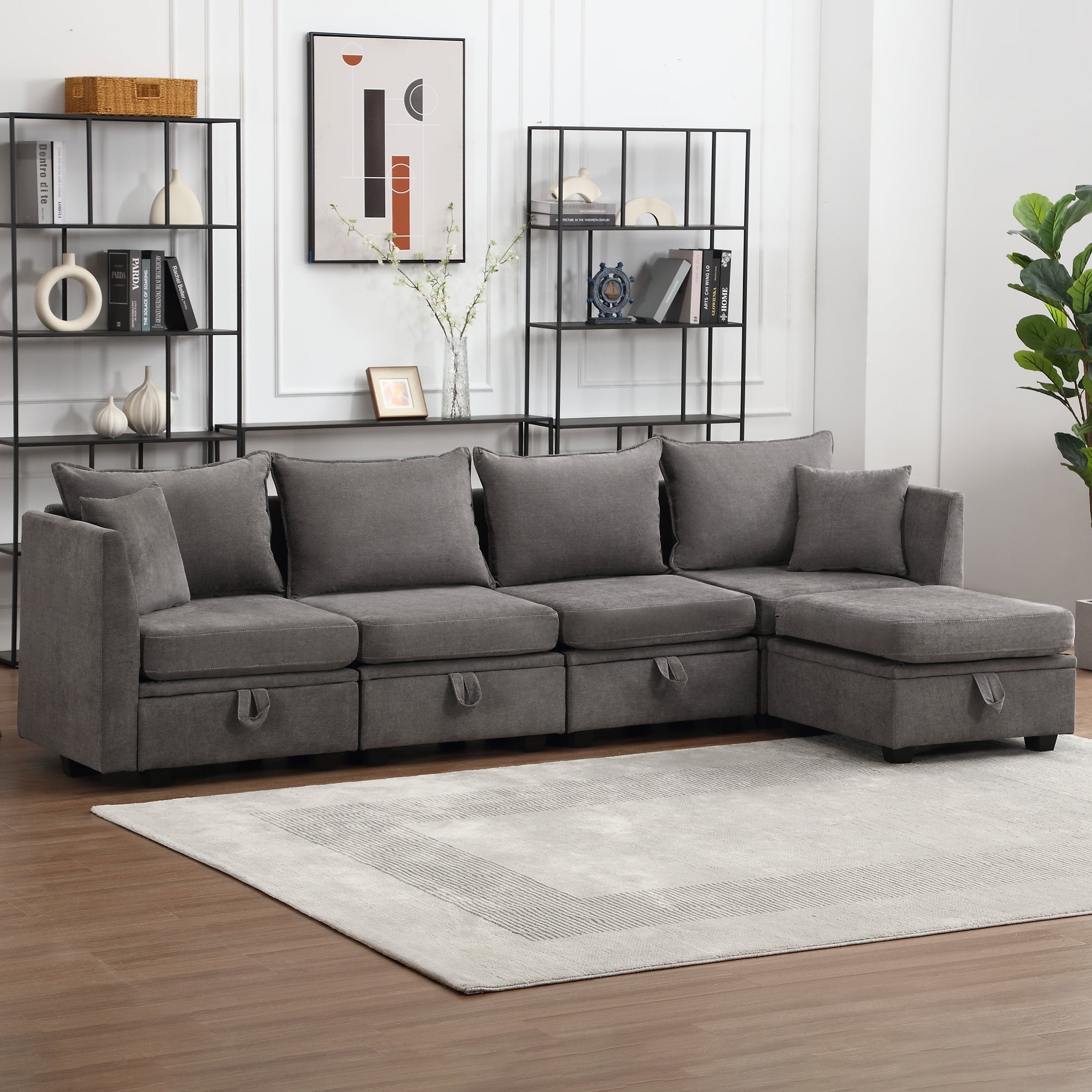 Modular Sectional Sofa, Convertible Sofa Couch with Storage, Sleeper Sectional Sofa Set, Flexible Modular Combinations Fabric Couch for Living Room (GREY,5 Seat Sofa)