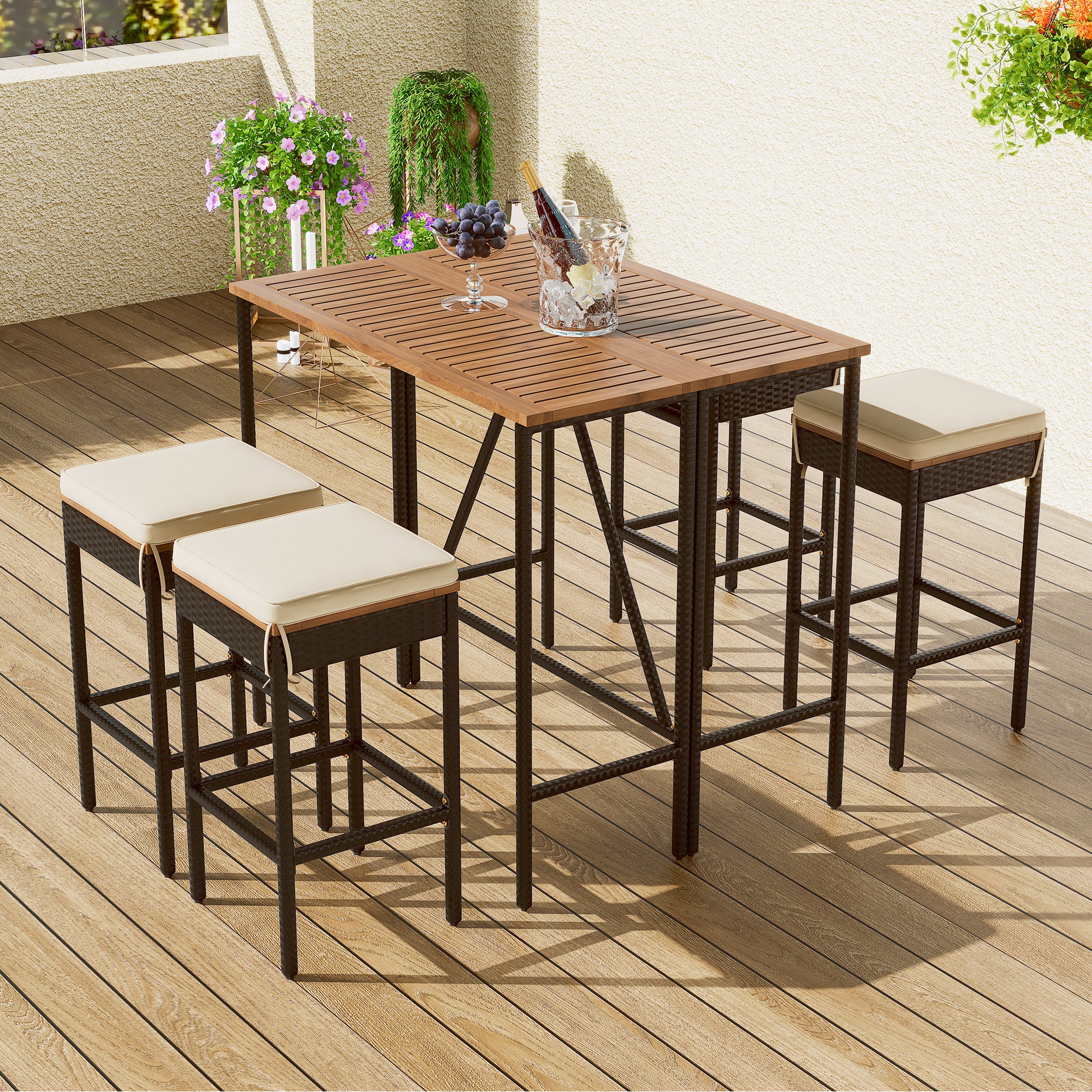 GO 5-Piece Outdoor Acacia Wood Bar Height Table And Four Stools With Cushions, Garden PE Rattan Wicker Dining Table, Foldable Tabletop, High-Dining Bistro Set, All-Weather Patio Furniture, Brown