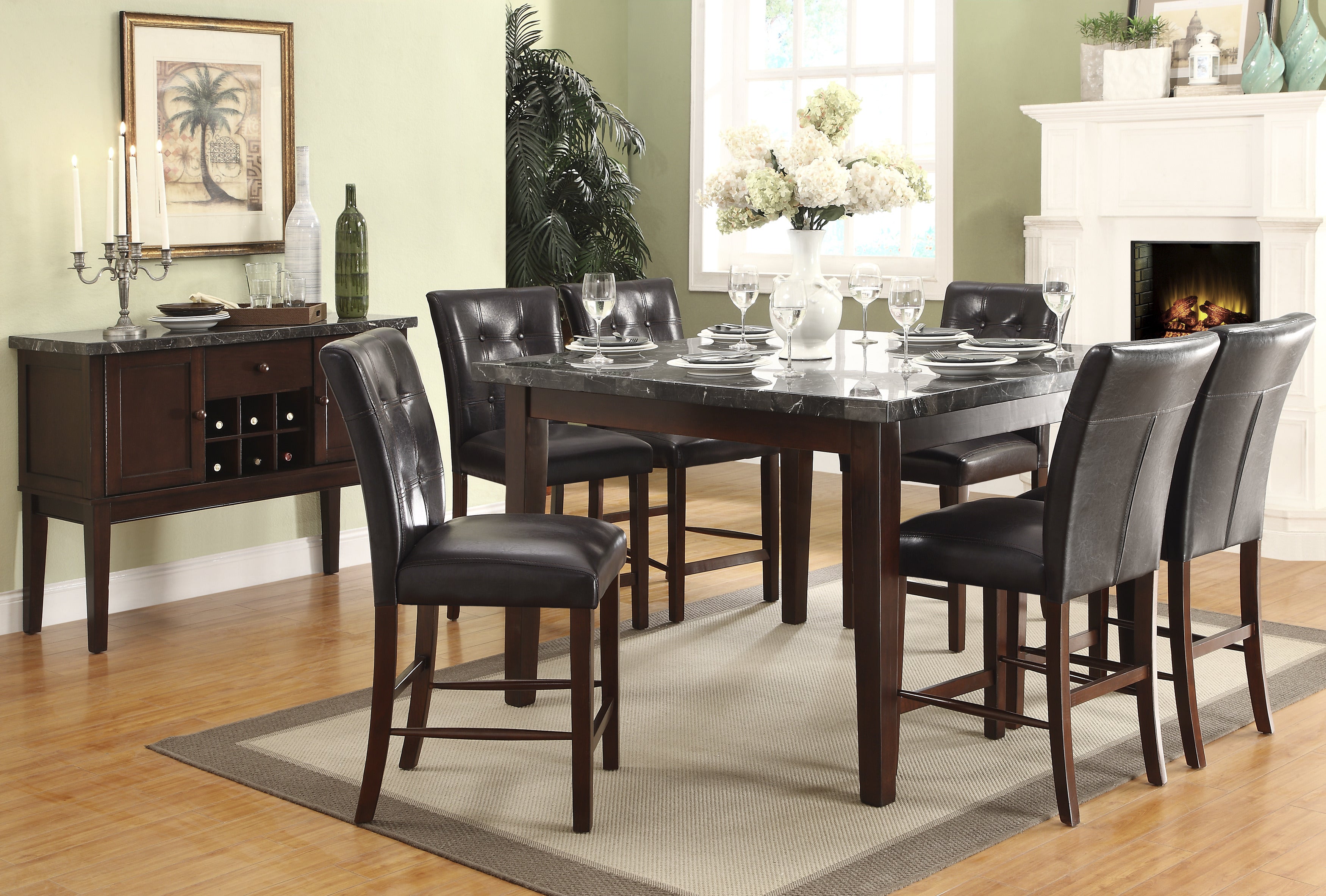 Dark Cherry Finish 7pc Counter Height Set Marble Top Table with 6 Counter Height Chairs Dark Brown Faux Leather Upholstered Dining Kitchen Wooden Furniture Set