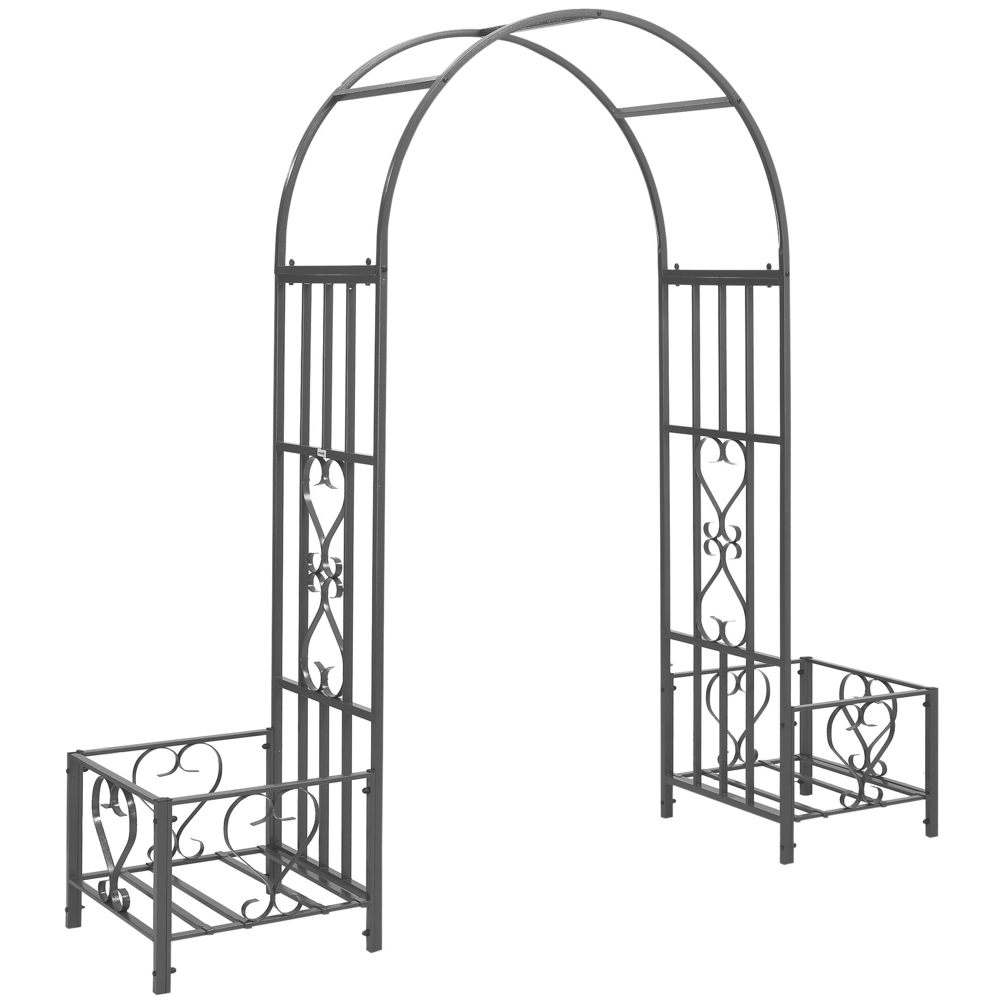 Outsunny 6.7' Steel Garden Arch Arbor with Scrollwork Hearts, Planter Boxes for Climbing Vines, Ceremony, Weddings, Party, Backyard, Lawn, Dark Gray