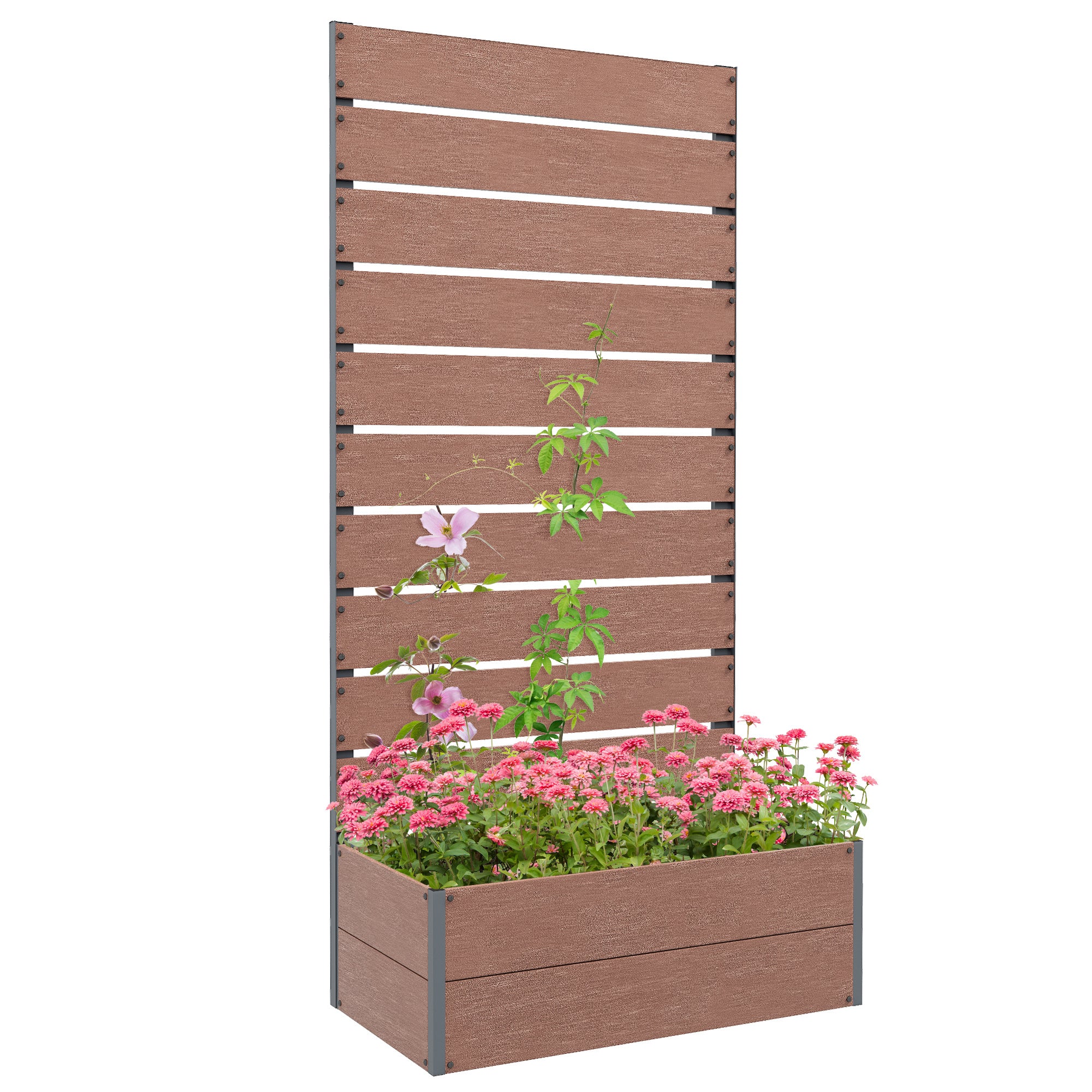 Outsunny Raised Garden Bed with Trellis for Climbing Plants, Planter Box with Drainage Gap, Freestanding Trellis Planter for Outdoor, Patio, Deck, 28.25" x 15" x 59", Brown