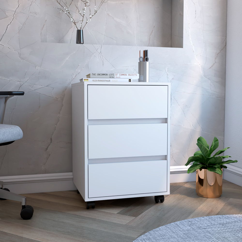 DEPOT E-SHOP Ibero 3 Drawer Filing Cabinet, Four Casters, Three Drawers, Top Surface, White