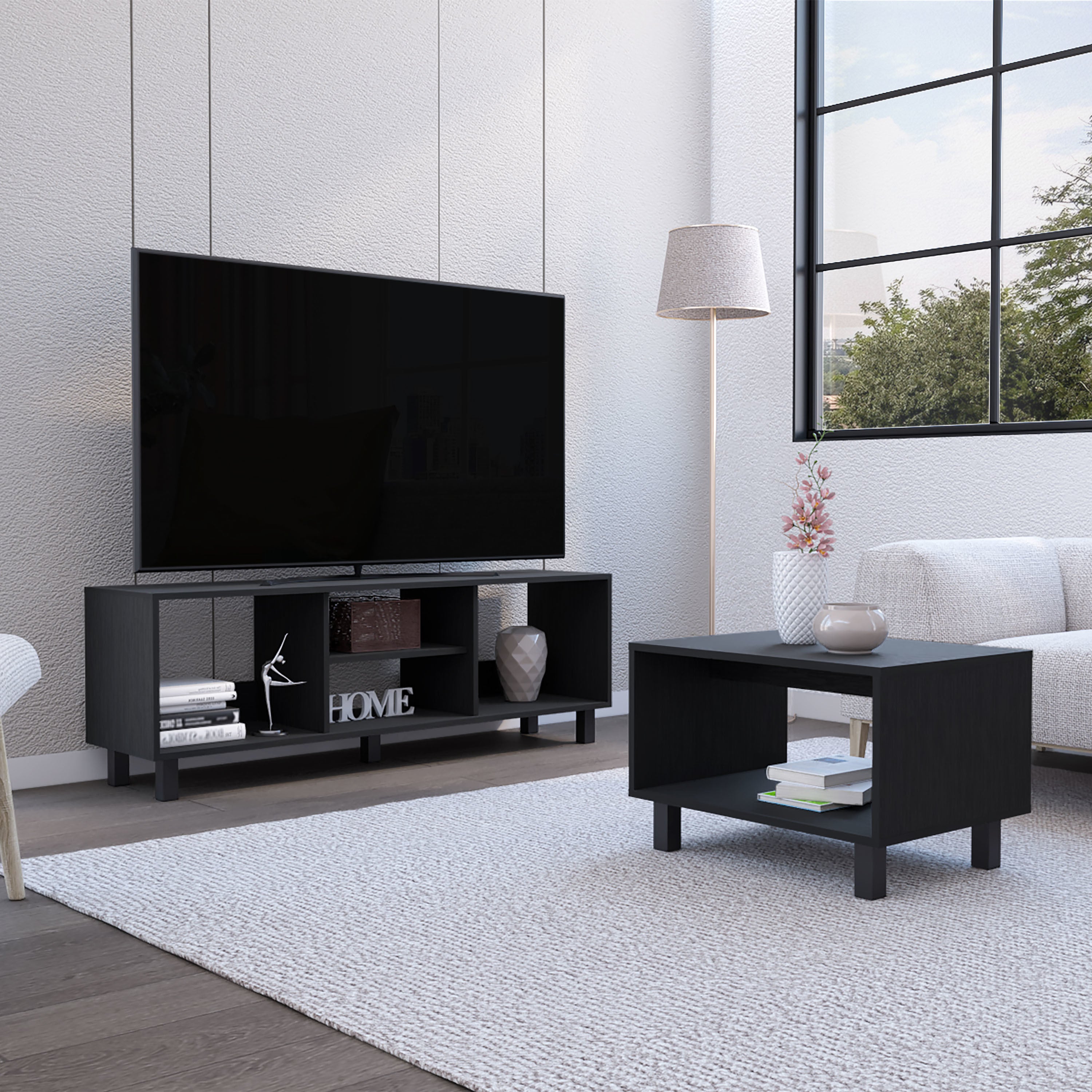 DEPOT E-SHOP Carter 2 Piece Living Room Set, Streamlined with TV Stand and Coffee Table, Black