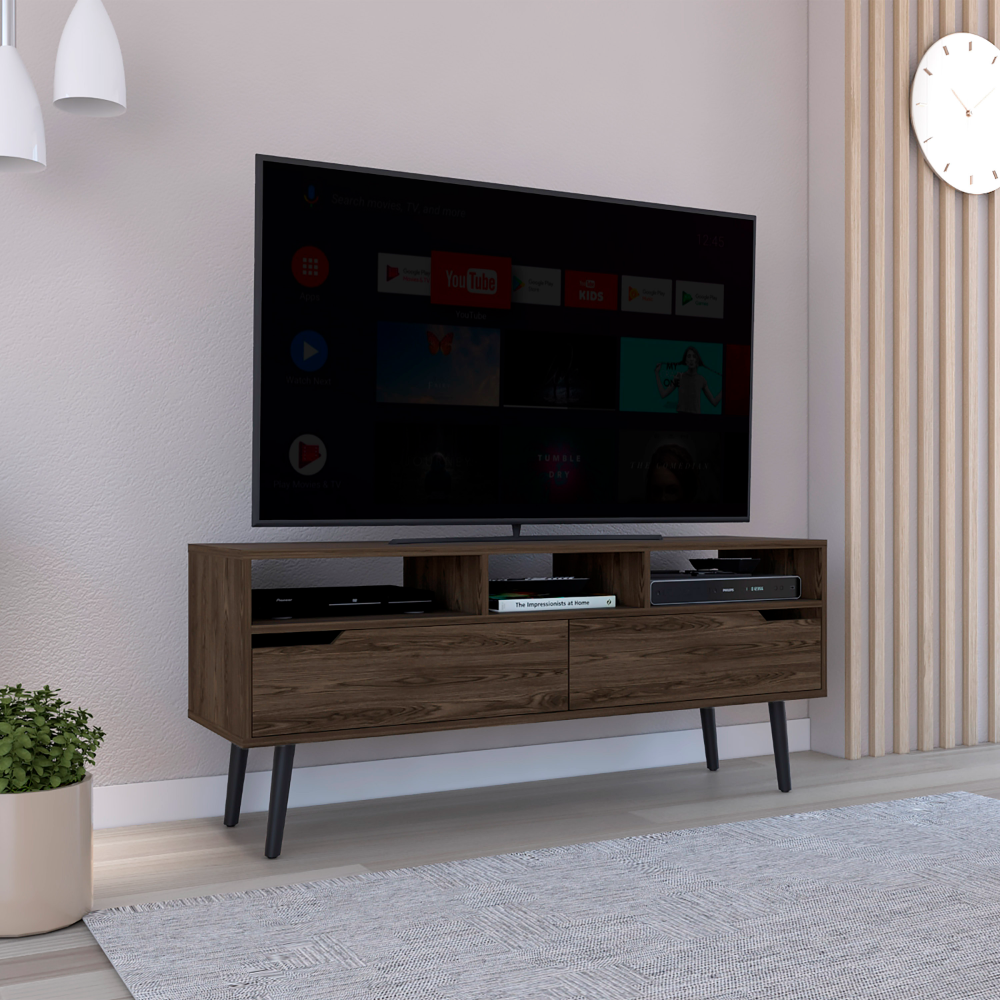 DEPOT E-SHOP Kobe Tv Stand for TV´s up 52", Three Open Shelves, Two Flexible Drawers, Dark Walnut