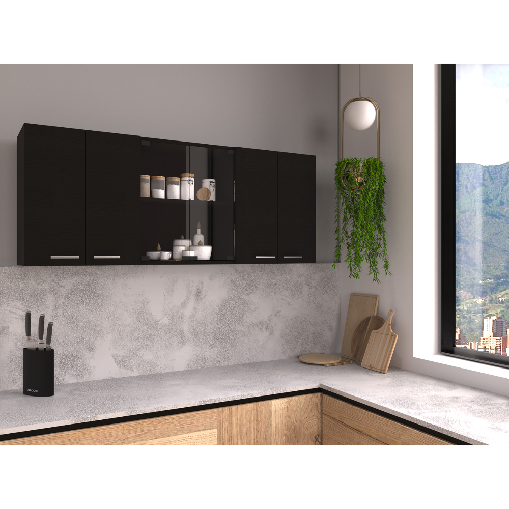 DEPOT E-SHOP Oceana 150 Wall Double Door Cabinet With Glass, Four Interior Shelves, Glass Cabinet, Black