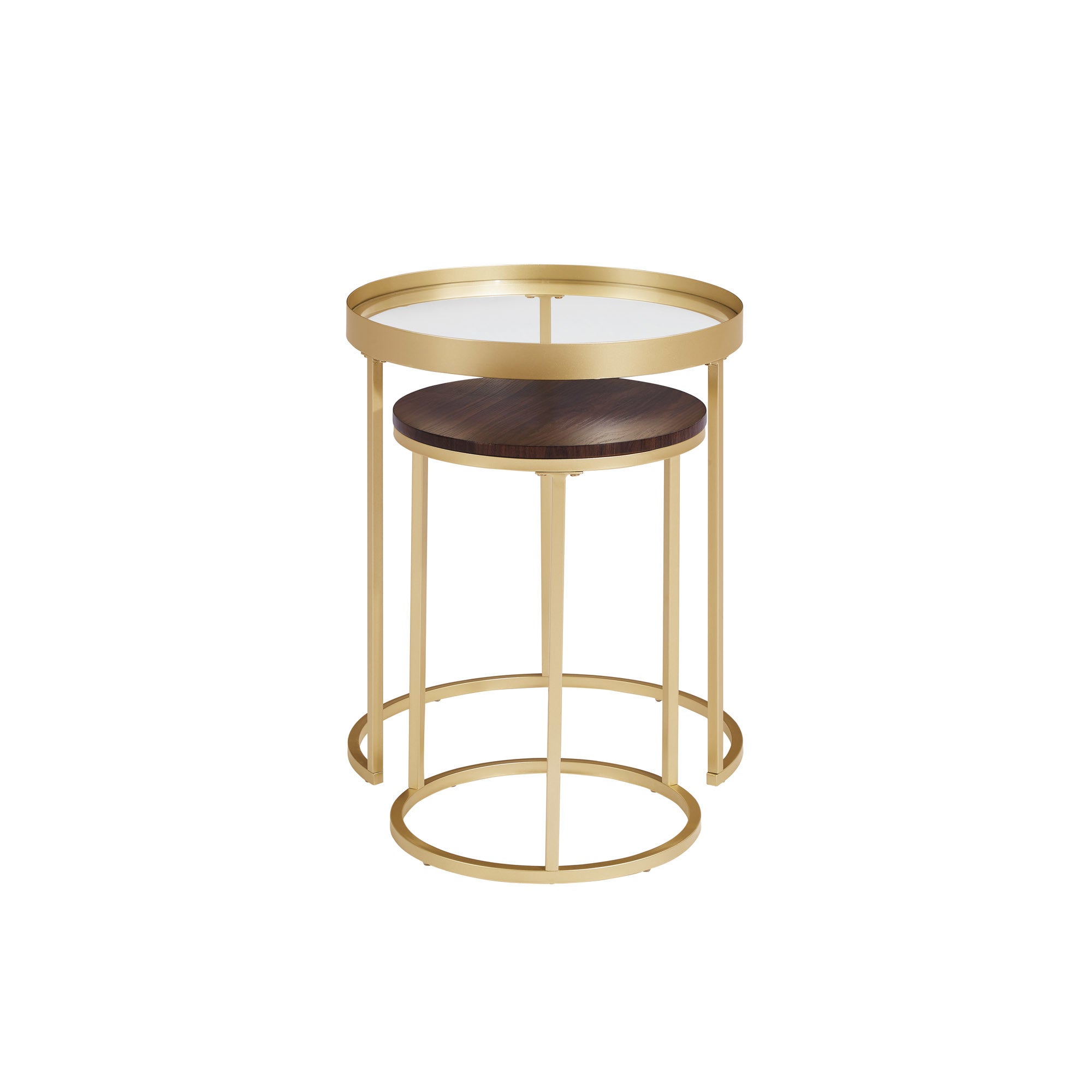 Contemporary Gold-Metal Nesting Side Tables – Dark Walnut / Pale Gold