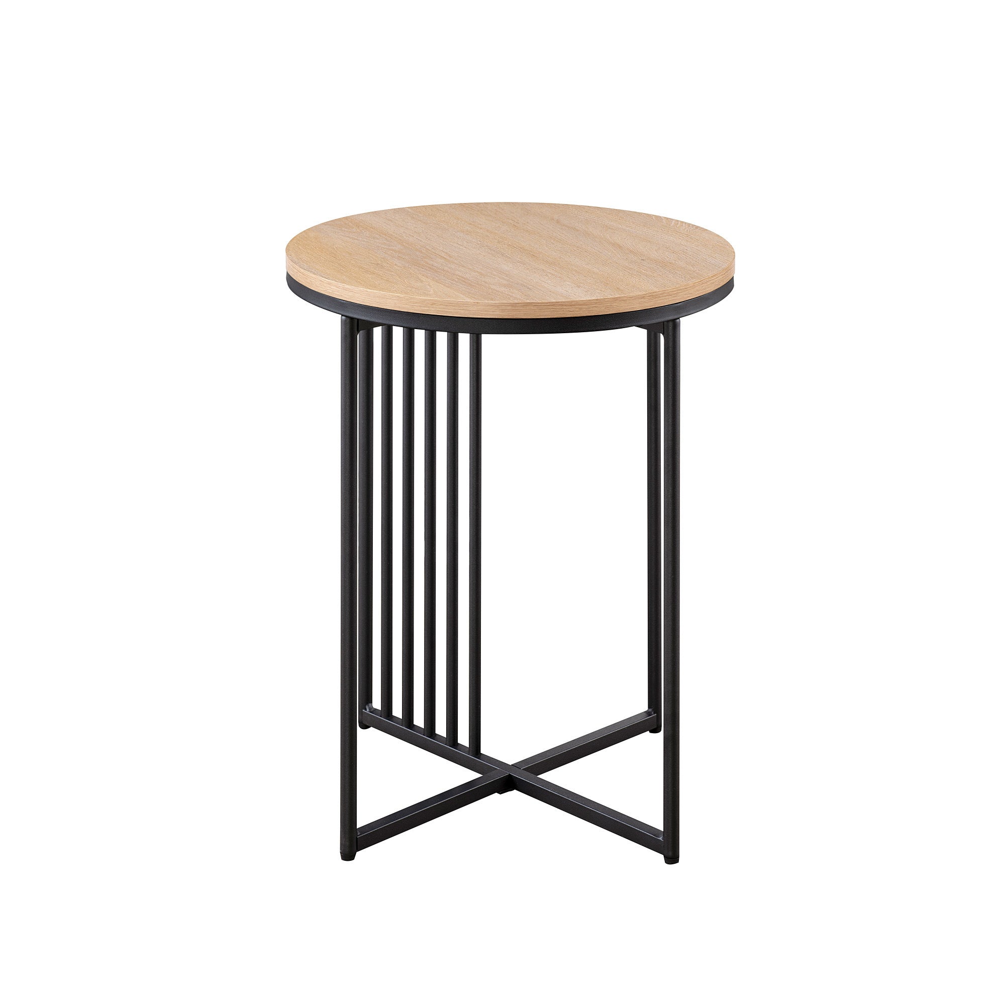 Modern Metal-Slat Round Side Table – Coastal Oak