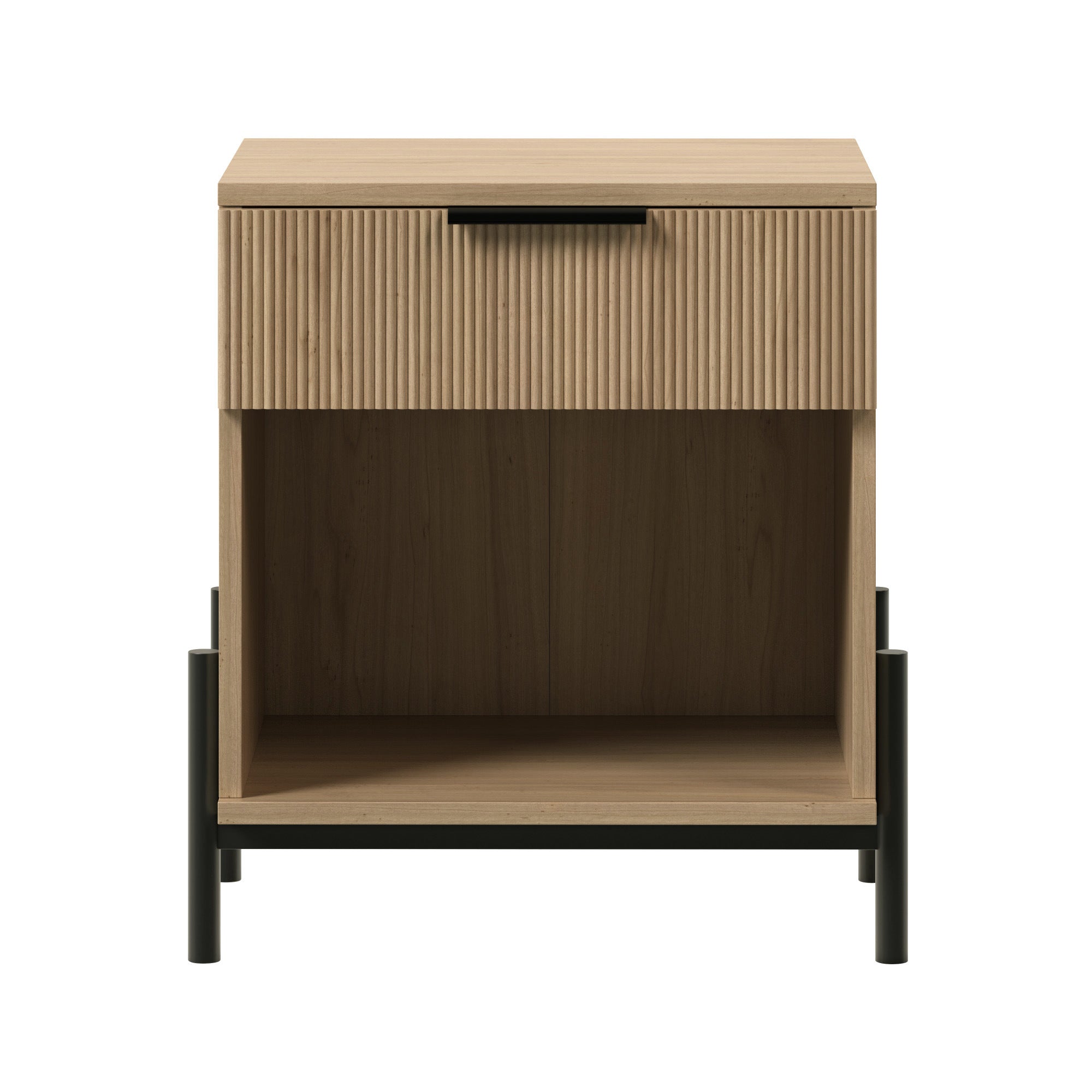 Modern Fluted-Drawer Nightstand with Open Cubby – Coastal Oak