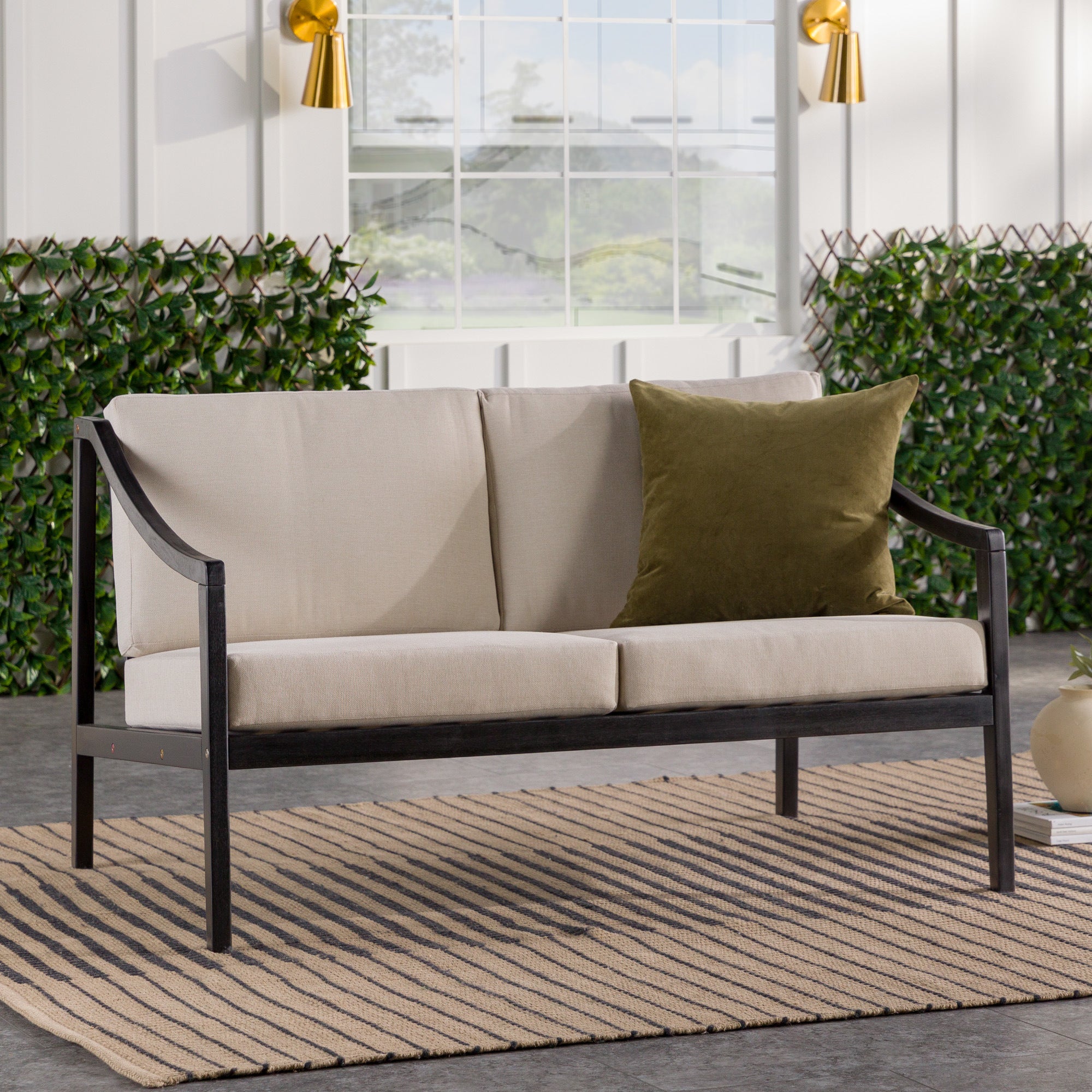 Modern Curved Arm Solid Wood Upholstered Outdoor Loveseat – Black Wash