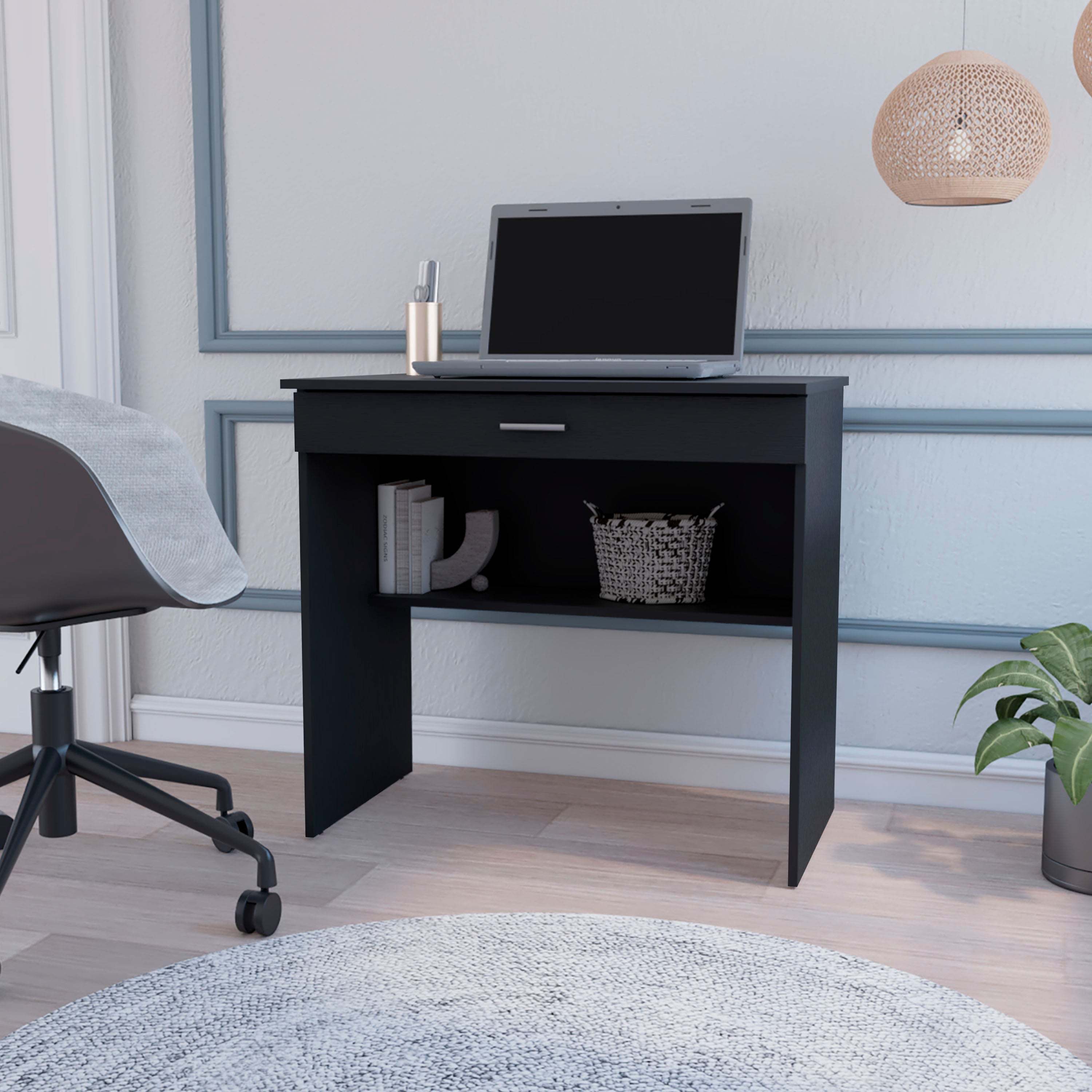 Black Storage Desk with Drawer and Shelf