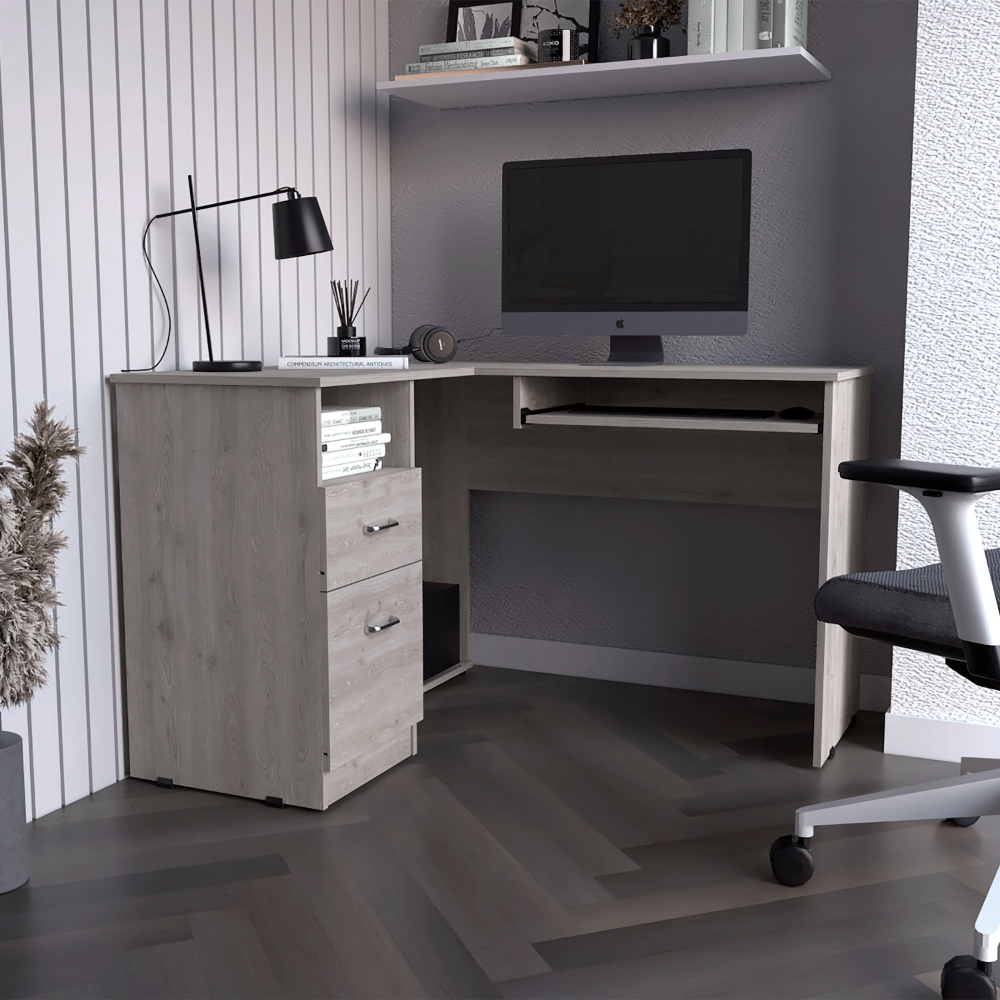 DEPOT E-SHOP Idra L-Shaped Desk, Keyboard Tray, Two Drawers, One Open Shelf, Light Gray