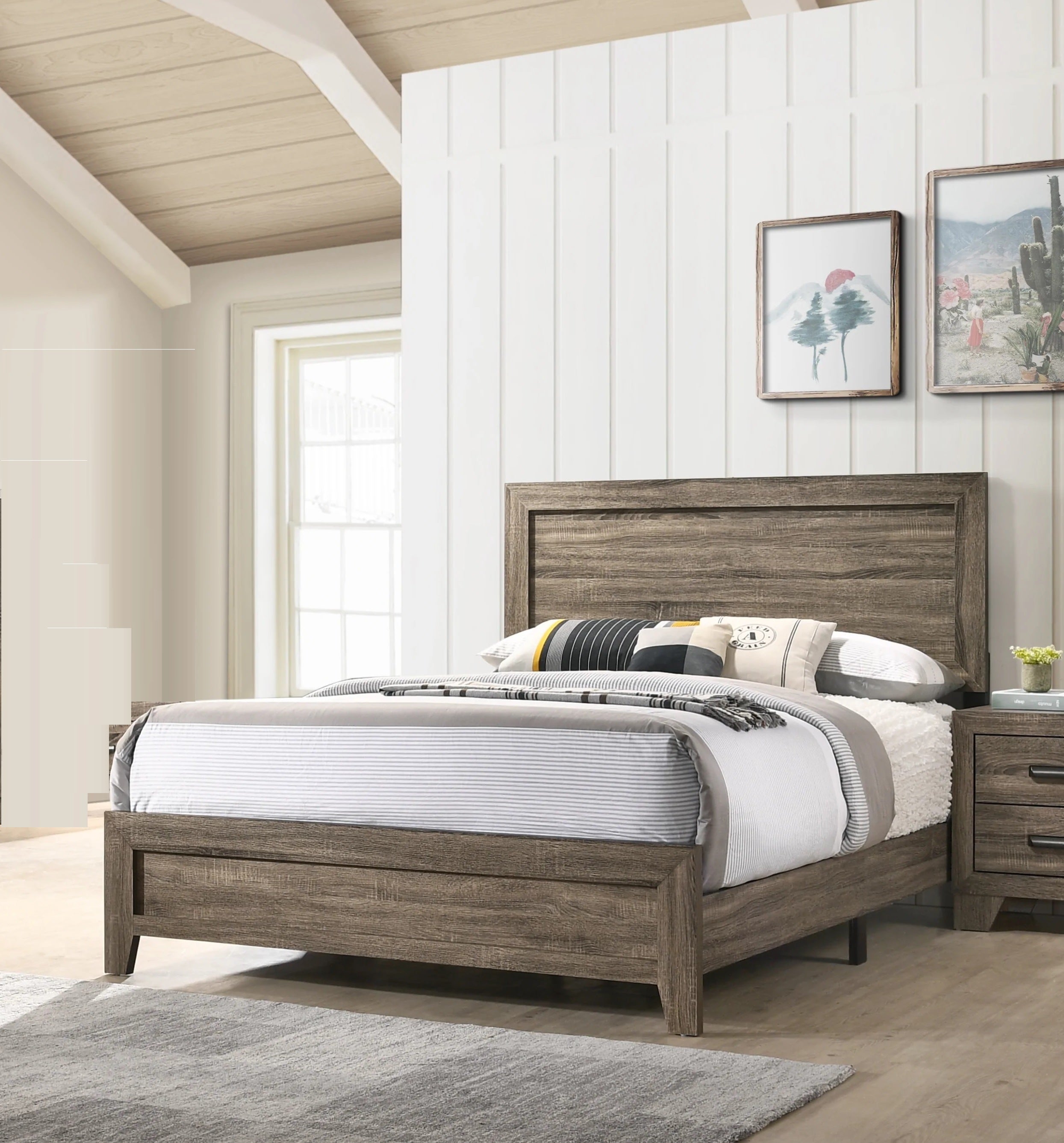 Grey Finish Fabric 1pc Queen Size Panel Bed Beautiful Wooden Bedroom Furniture Contemporary Style