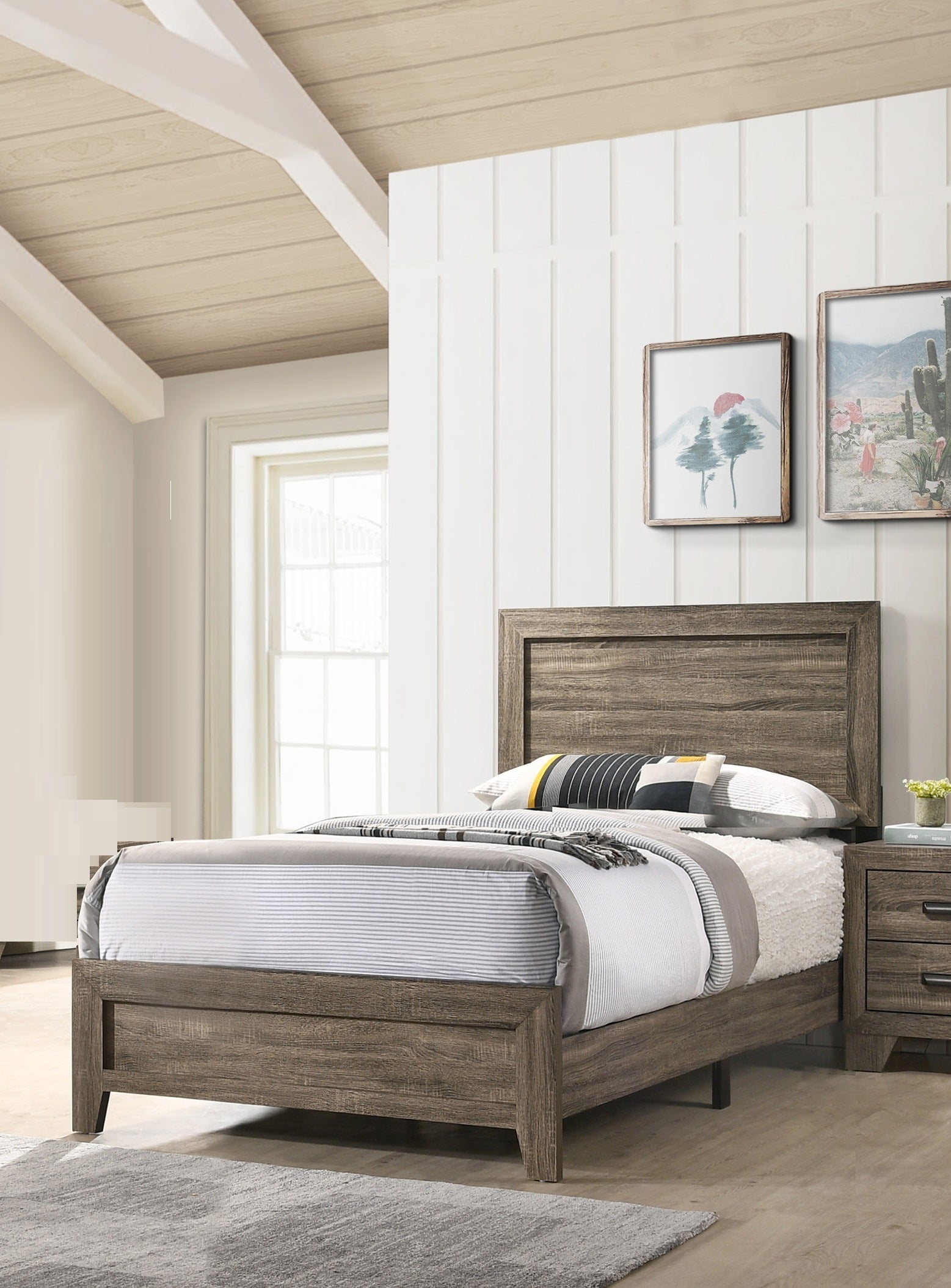 Grey Finish Fabric 1pc Twin Size Panel Bed Beautiful Wooden Bedroom Furniture Contemporary Style