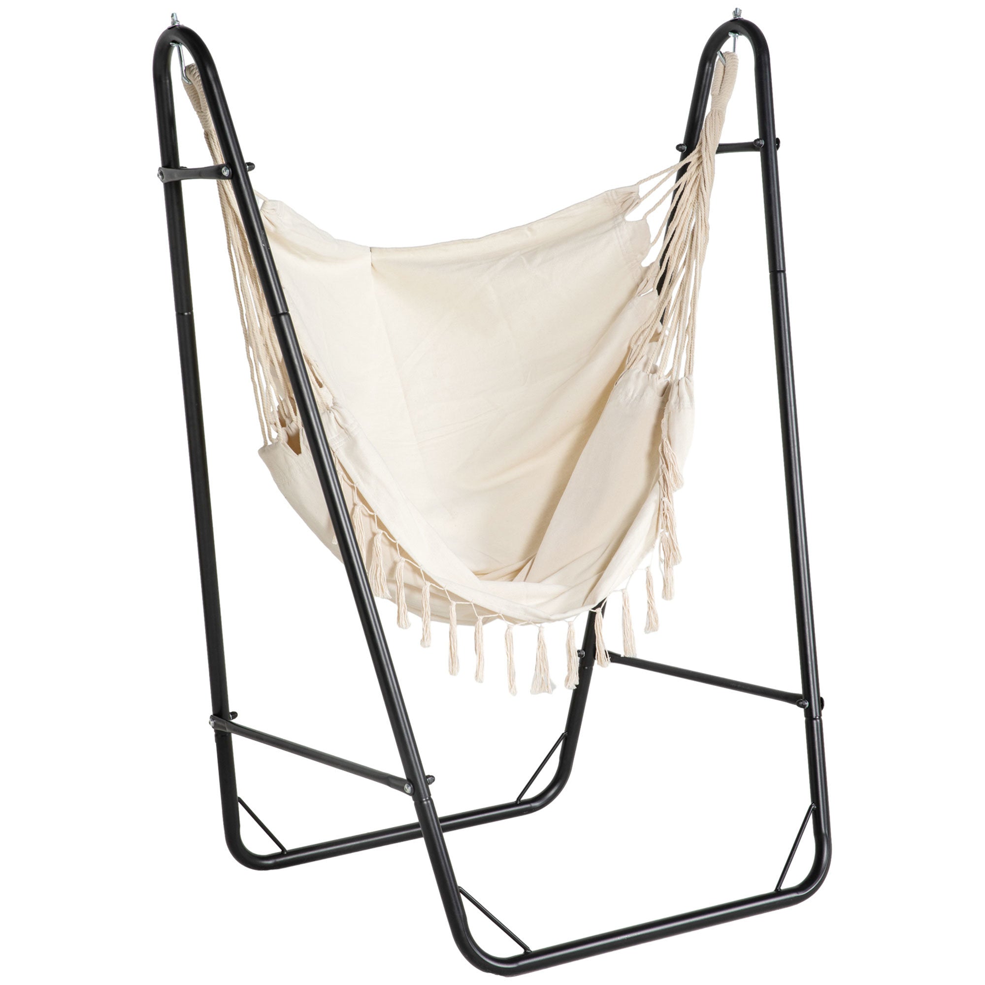 Outsunny Patio Hammock Chair with U Shape Stand, Outdoor Hammock Swing Hanging Lounge Chair with Side Pocket, Black/Cream White