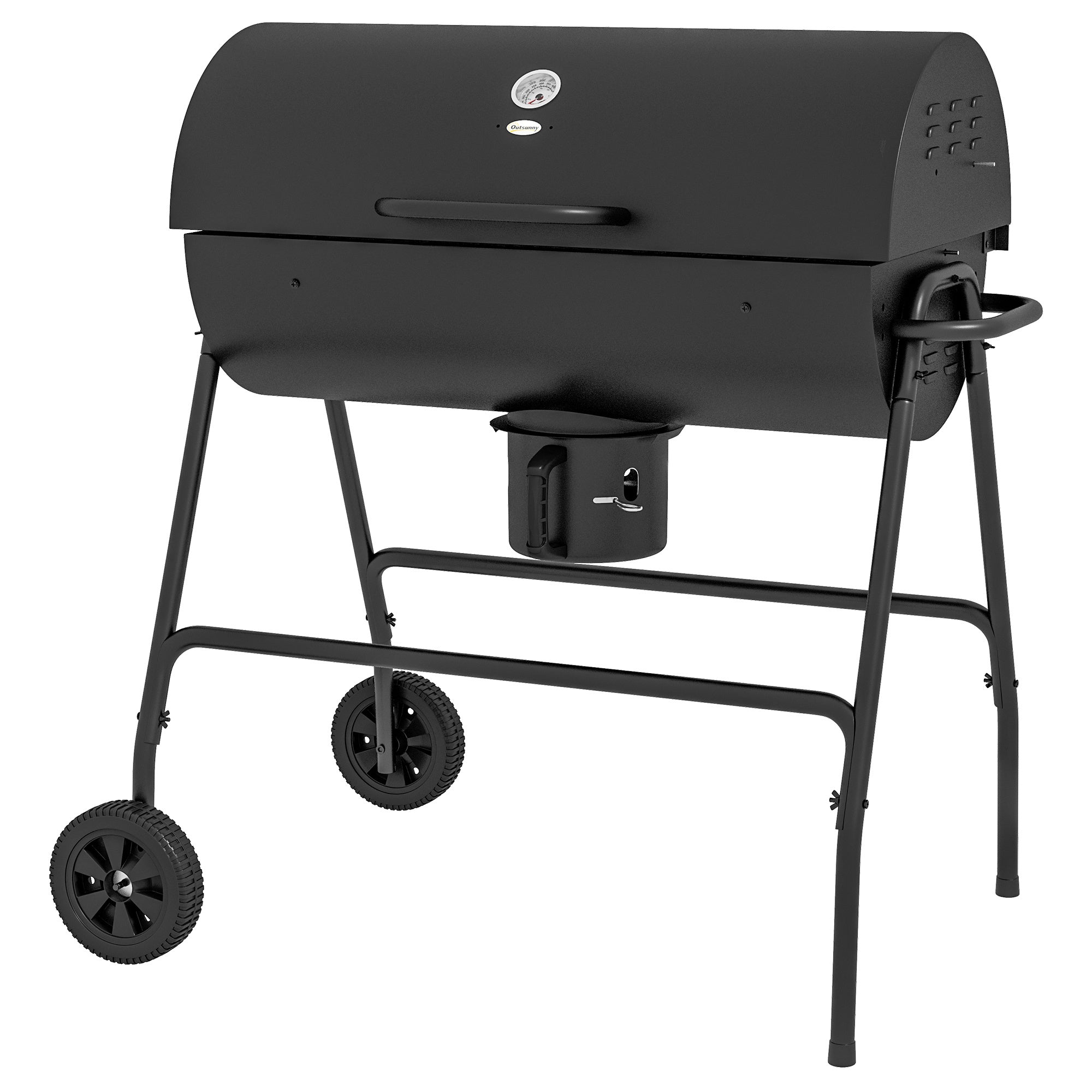 Outsunny Barrel Charcoal BBQ Grill with 420 sq.in. Cooking Area, Outdoor Barbecue with Wheels, Ash Catcher and Built-in Thermometer for Patio Picnic, Backyard Party, Black