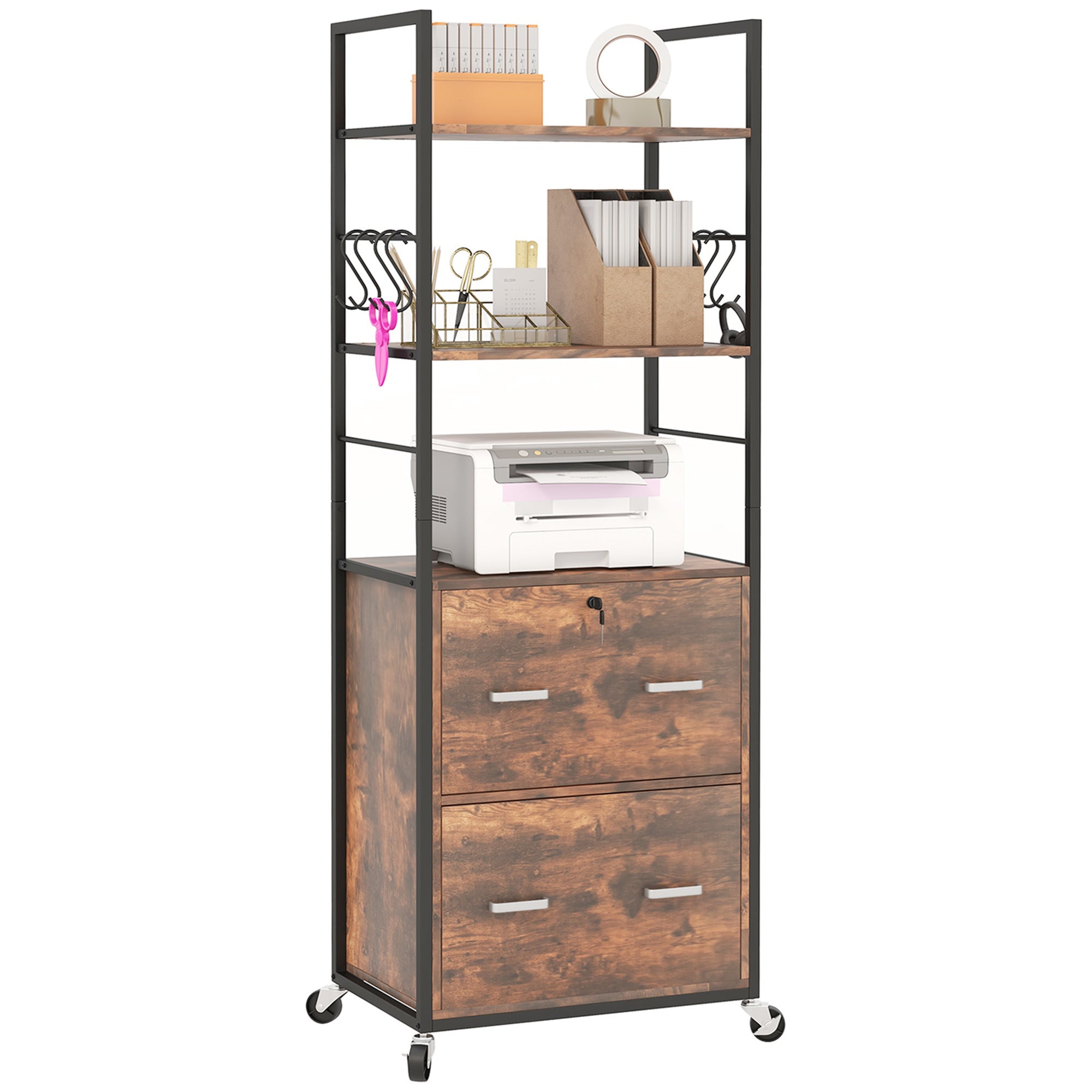 Vinsetto 2 Drawer Mobile File Cabinet with Lock & Hanging Bar, Rustic Brown