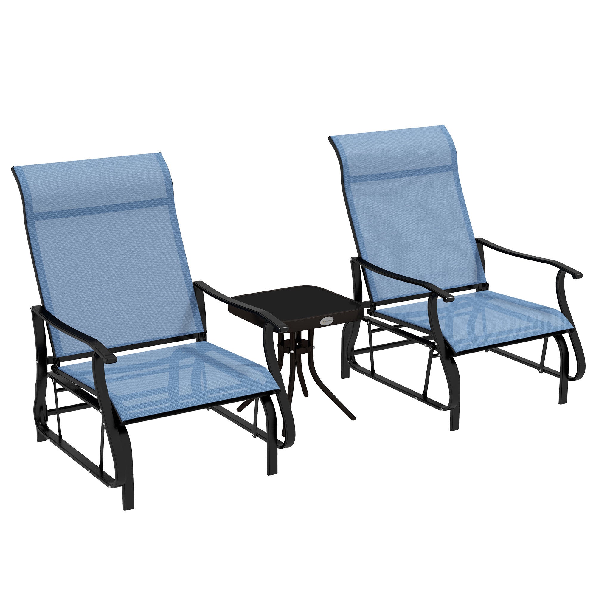 Outsunny 3-Piece Outdoor Gliders Set Bistro Set with Steel Frame, Tempered Glass Top Table for Patio, Garden, Backyard, Lawn, Light Blue