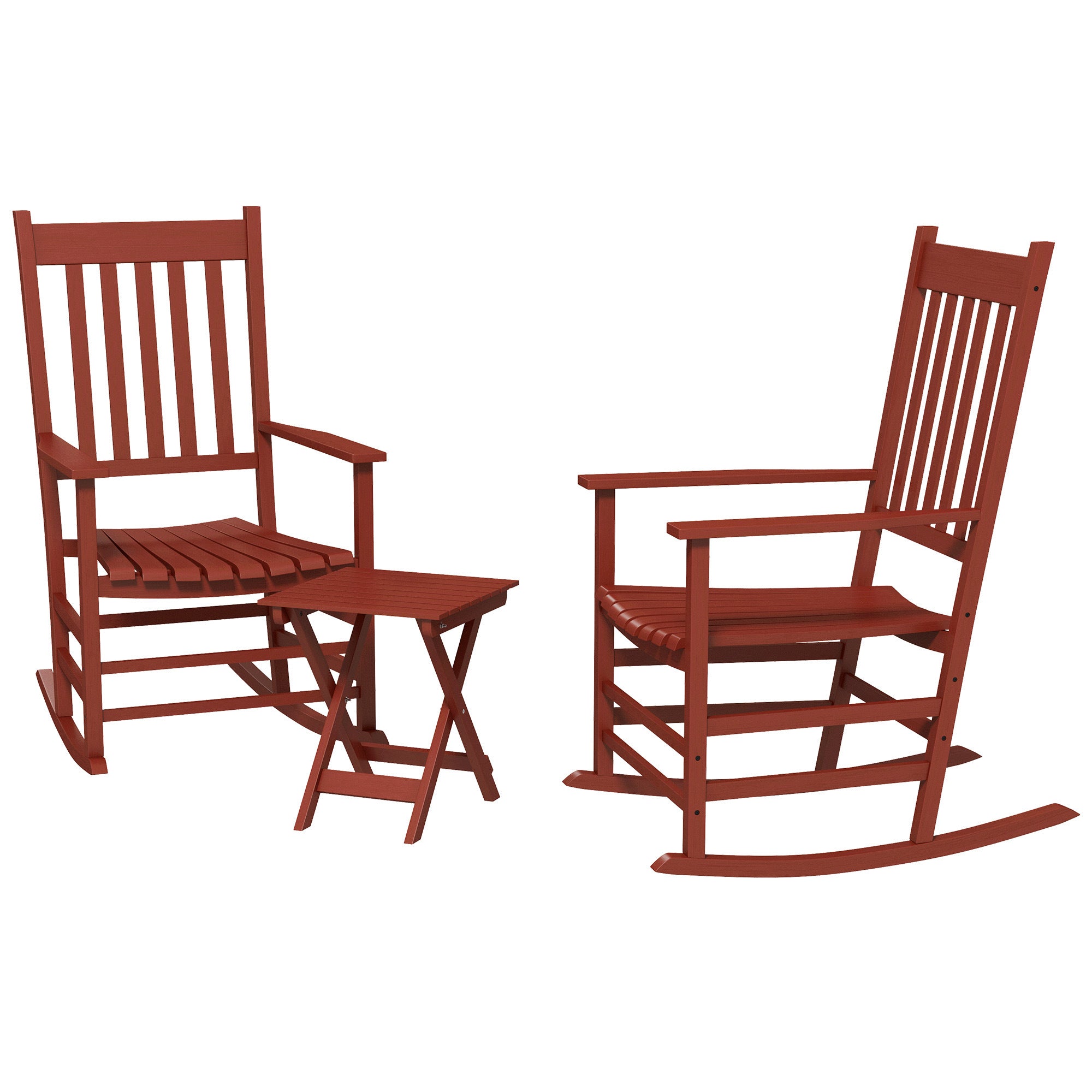 Outsunny Outdoor Rocking Chair Set of 2 with Side Table, Patio Wooden Rocking Chair with Smooth Armrests, High Back for Garden, Balcony, Porch, Supports Up to 352 lbs., Wine Red