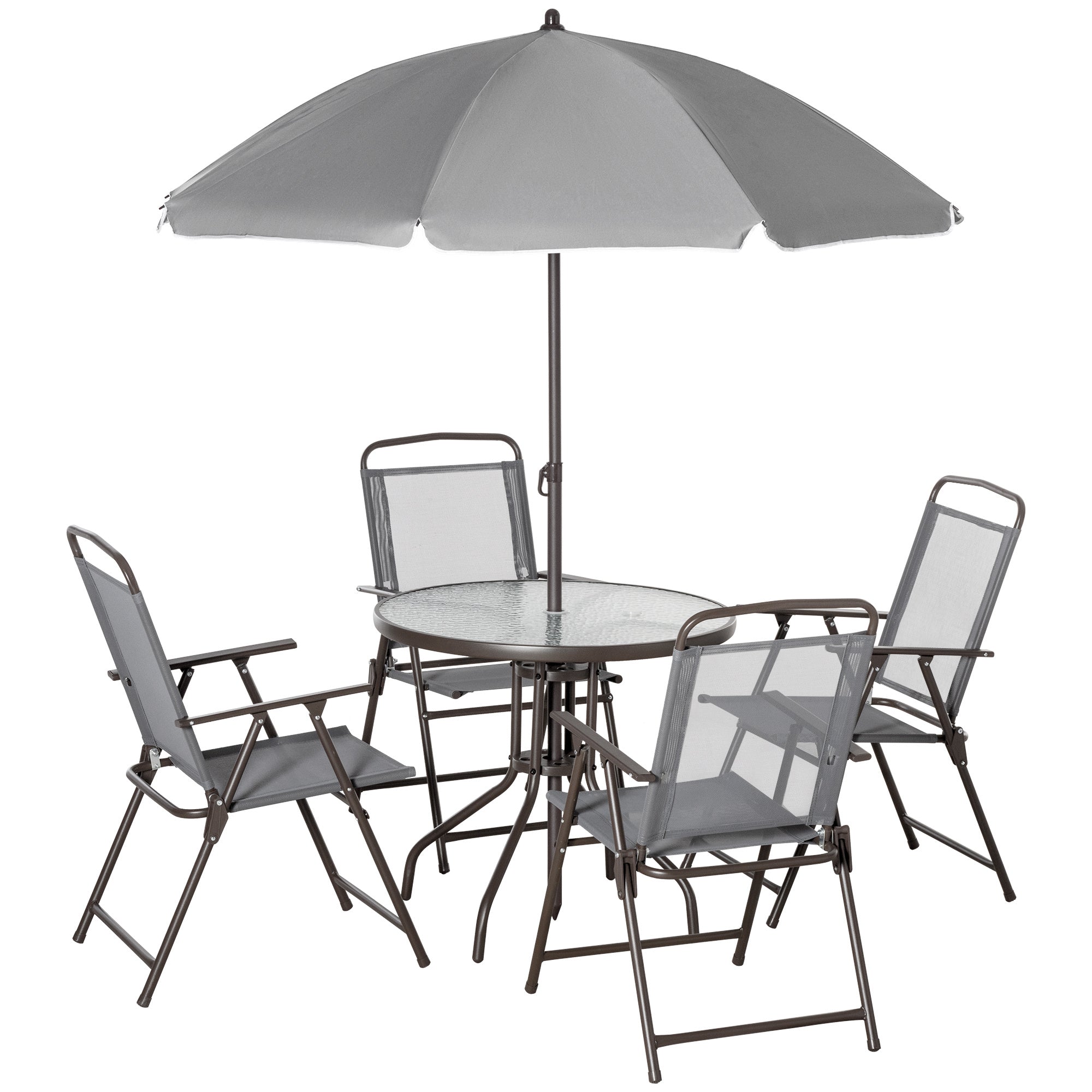 Outsunny 6 Piece Patio Dining Set for 4 with Umbrella, Outdoor Table and Chairs with 4 Folding Dining Chairs & Round Glass Table for Garden, Backyard and Poolside, Gray