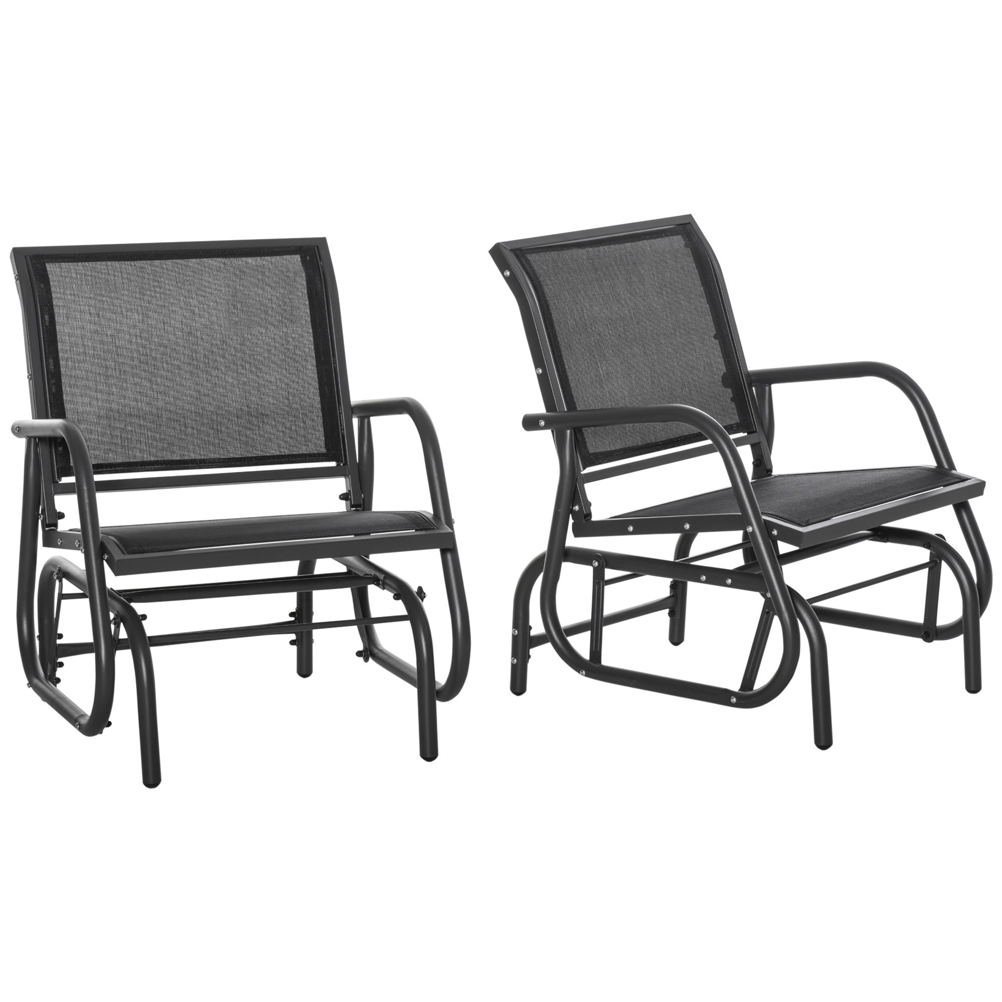 Outsunny Porch Glider Set of 2, Metal Frame Swing Glider Chairs with Breathable Mesh Fabric, Curved Armrests and Steel Frame for Garden, Poolside, Backyard, Balcony, Black