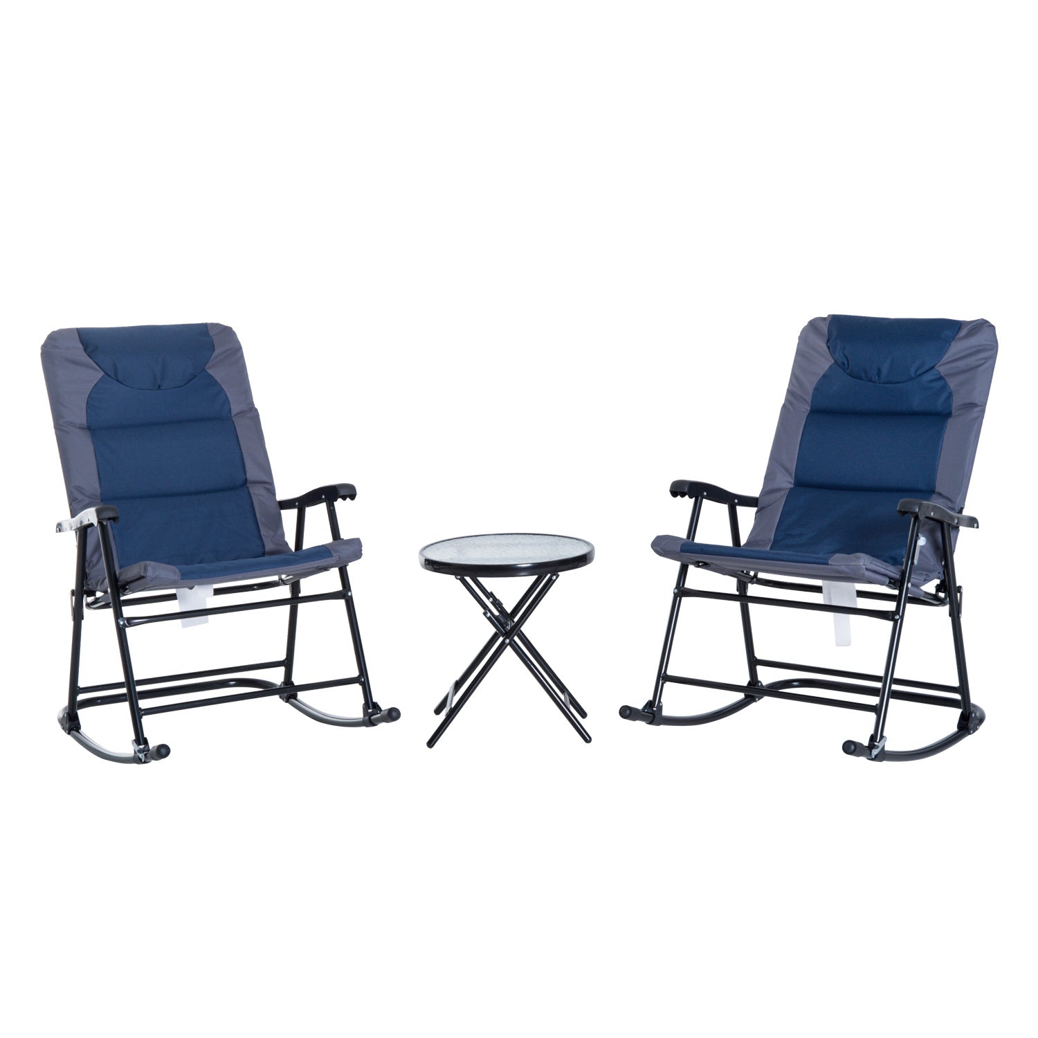 Outsunny 3 Piece Outdoor Patio Furniture Set with Glass Coffee Table & 2 Folding Padded Rocking Chairs, Bistro Style for Porch, Camping, Balcony, Navy Blue