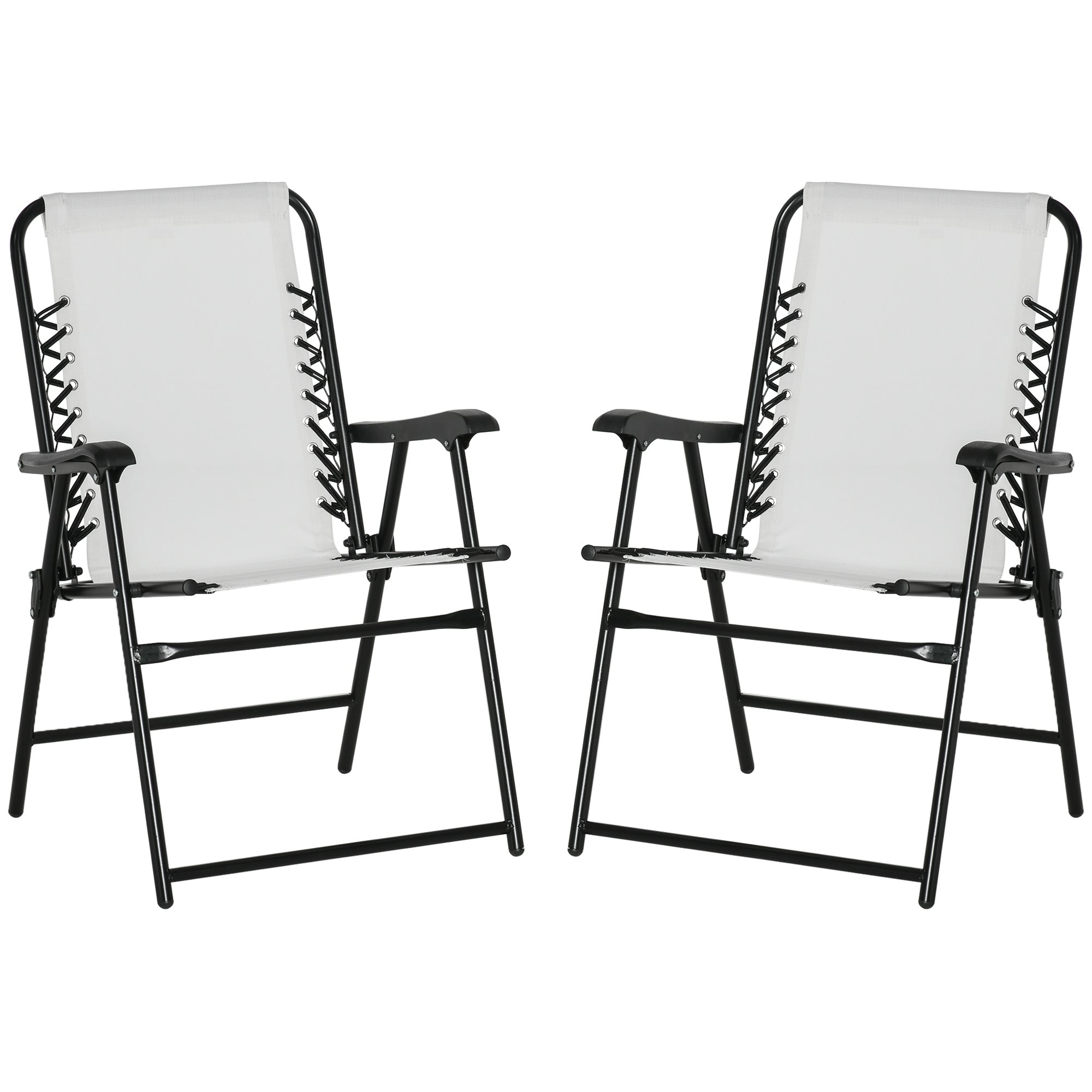 Outsunny Set of 2 Patio Folding Chairs, Outdoor Bungee Sling Chairs w/ Armrests, Portable Lawn Chairs for Camping, Garden, Pool, Beach, Backyard, Cream White