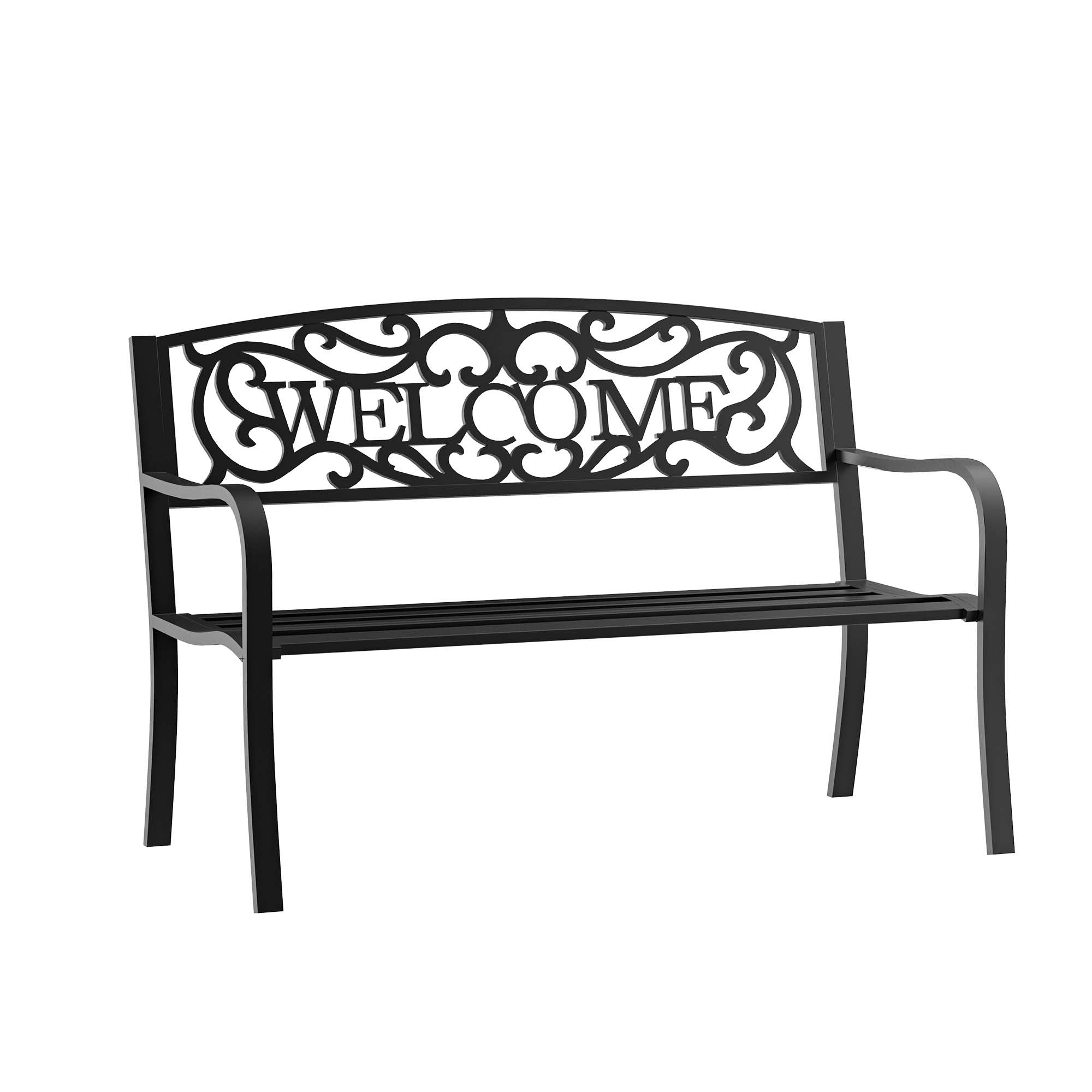 Outsunny 50" Outdoor Metal Welcome Bench, Garden Bench with Slatted Seat, Patio Bench for Park, Porch, Yard, Entryway, Black