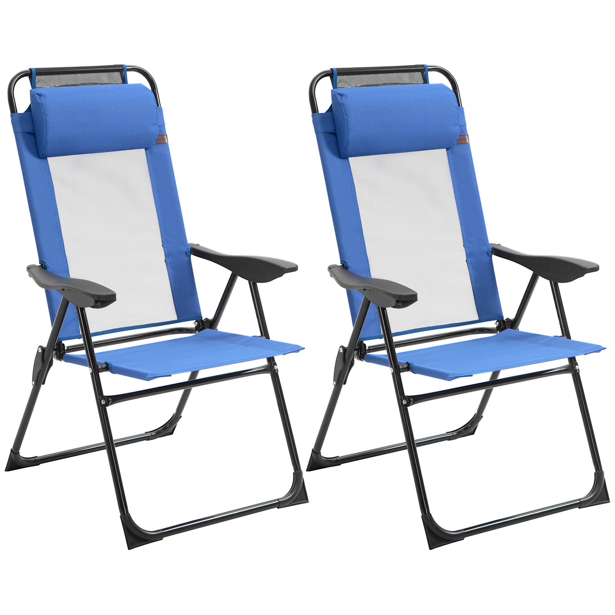 Outsunny Folding Patio Chairs Set of 2, Outdoor Deck Chair with Adjustable Sling Back, Camping Chair with Removable Headrest for Garden, Backyard, Lawn, Blue