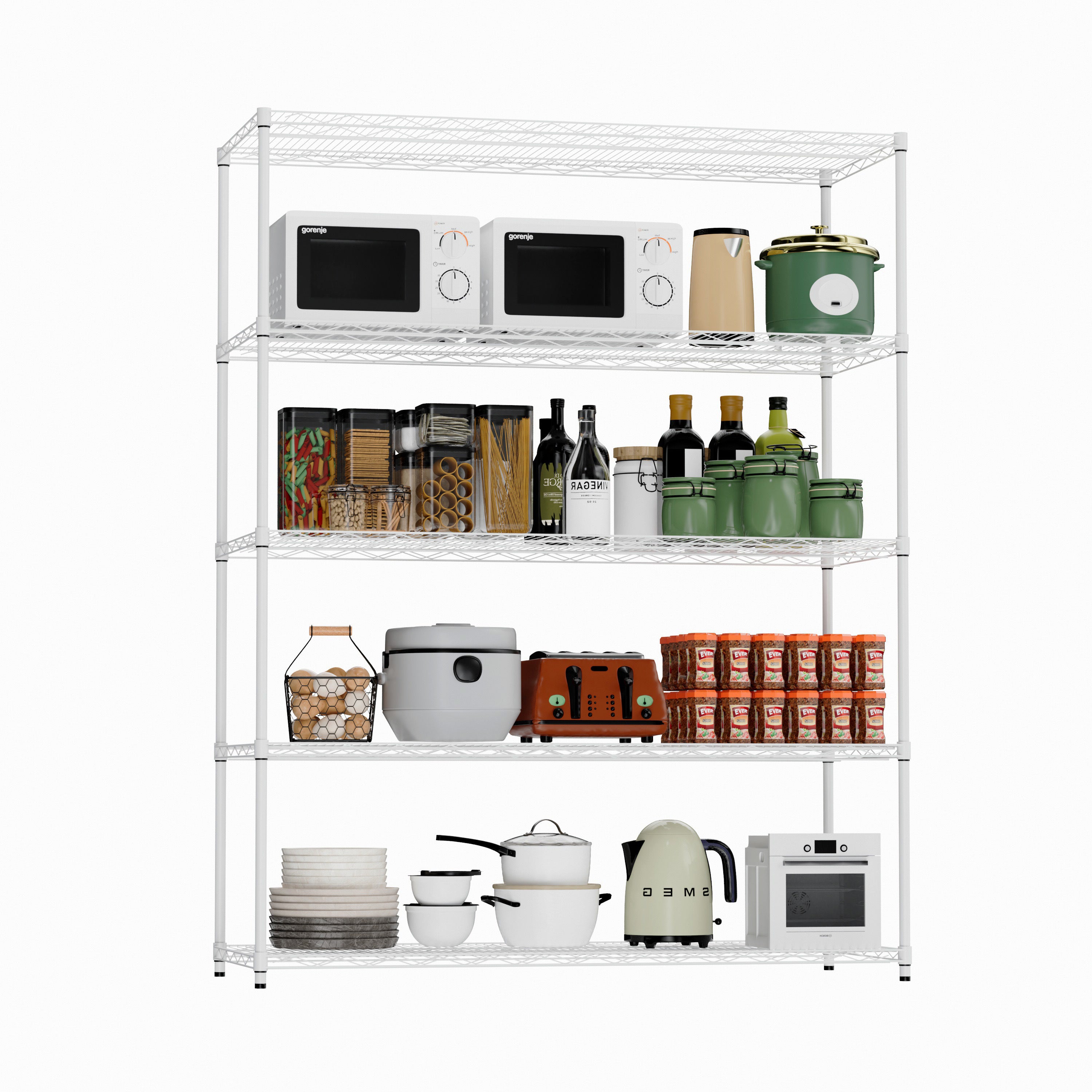 5 tiers of heavy-duty adjustable shelving and racking with a 300 lb. weight capacity per wire shelf for warehouses, supermarkets, kitchens, etc. 59.45 "L × 24.02 "W × 71.65 "H,White