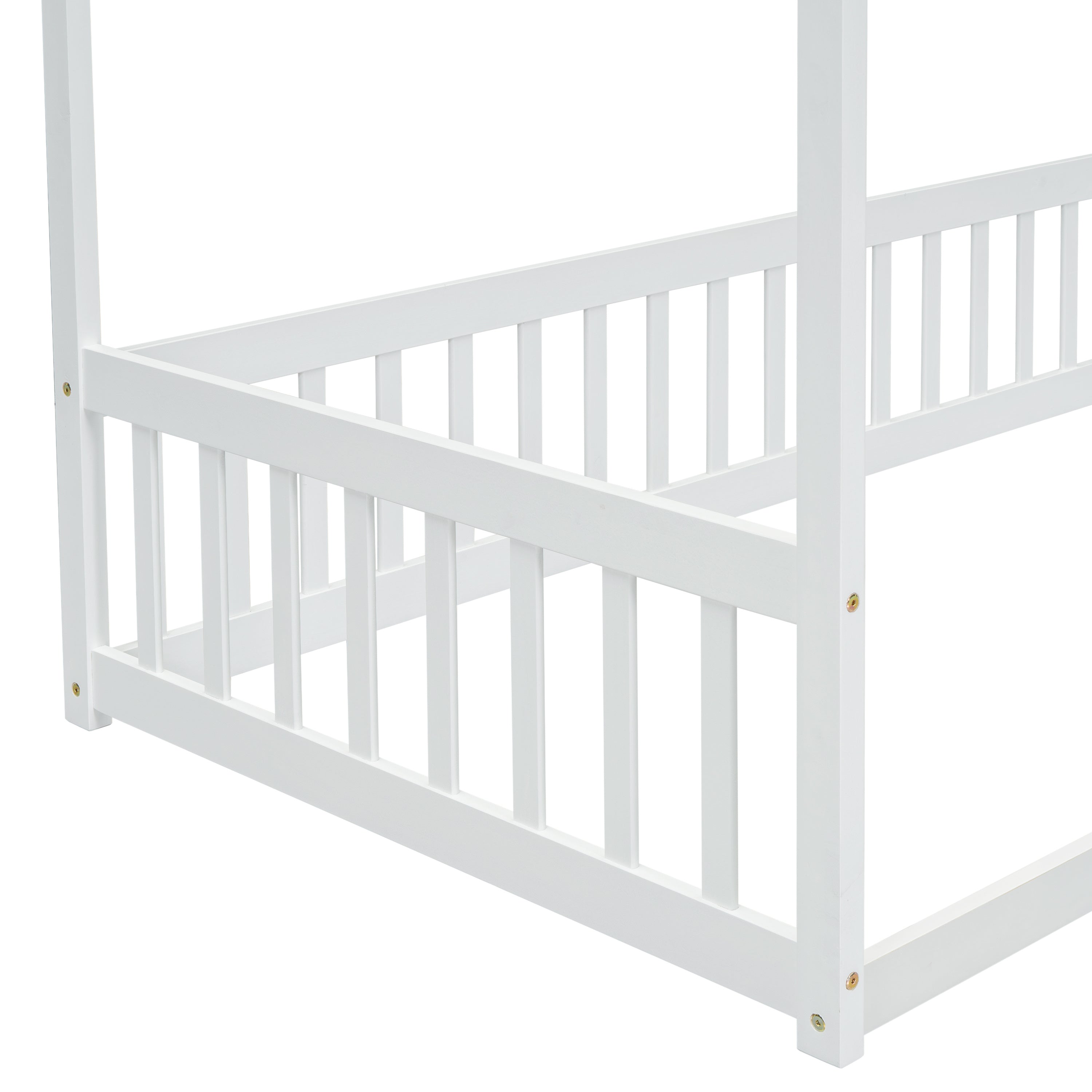 Twin Size Canopy Frame Floor Bed with Fence, Guardrails,White