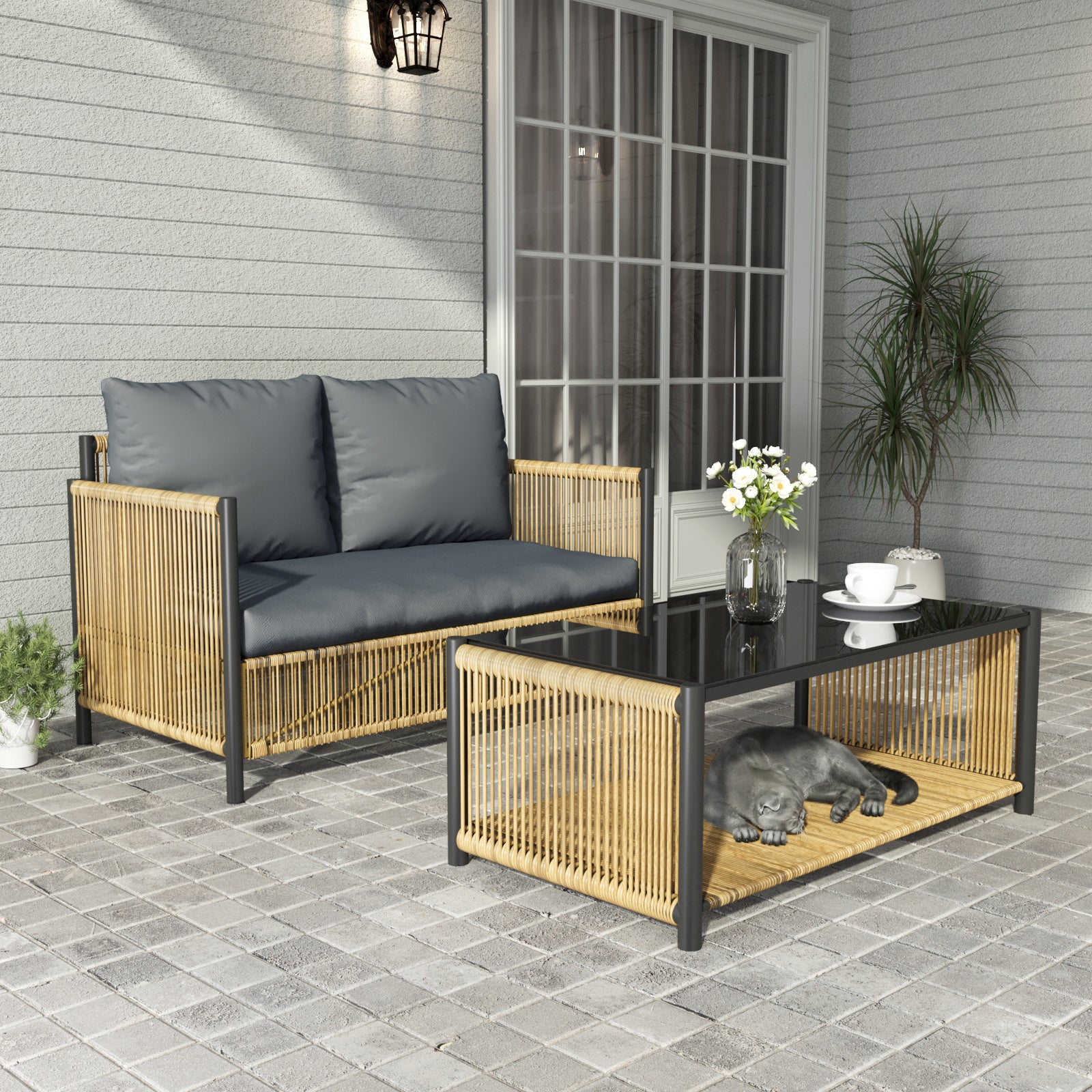 New Comming Outdoor PE Brown Wicker 2seats Sofa with Grey Cushion and Table Set