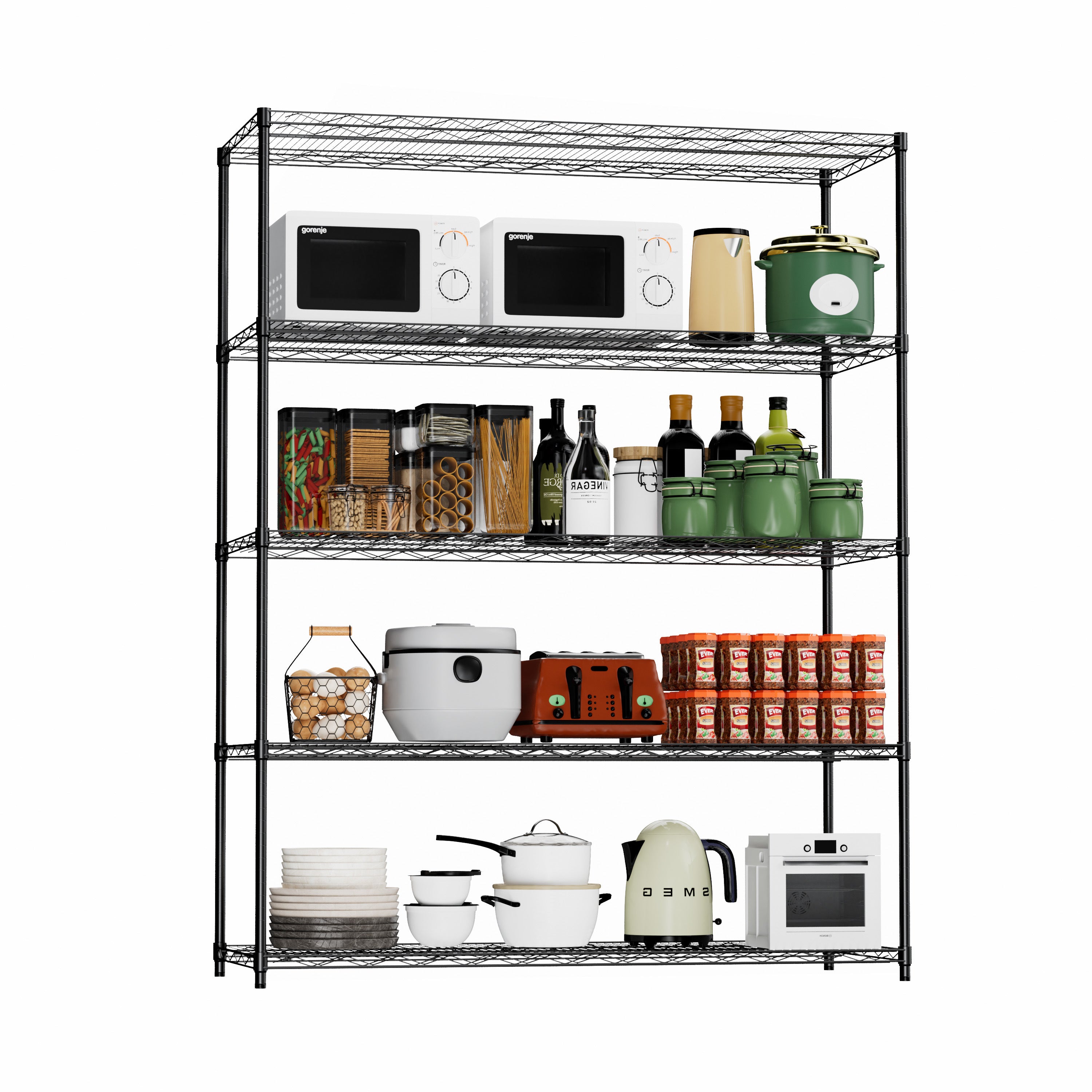 5 tiers of heavy-duty adjustable shelving and racking with a 300 lb. weight capacity per wire shelf for warehouses, supermarkets, kitchens, etc. 59.45 "L × 24.02 "W × 71.65 "H