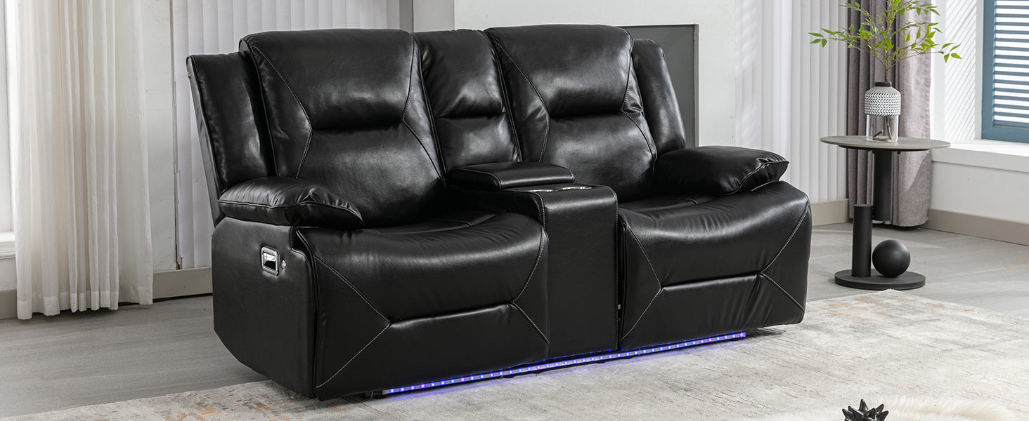 2 Seater Home Theater Recliner Manual Recliner Chair with a LED Light Strip Two Cup Holders and a Storage Box for Living Room,Bedroom, Black