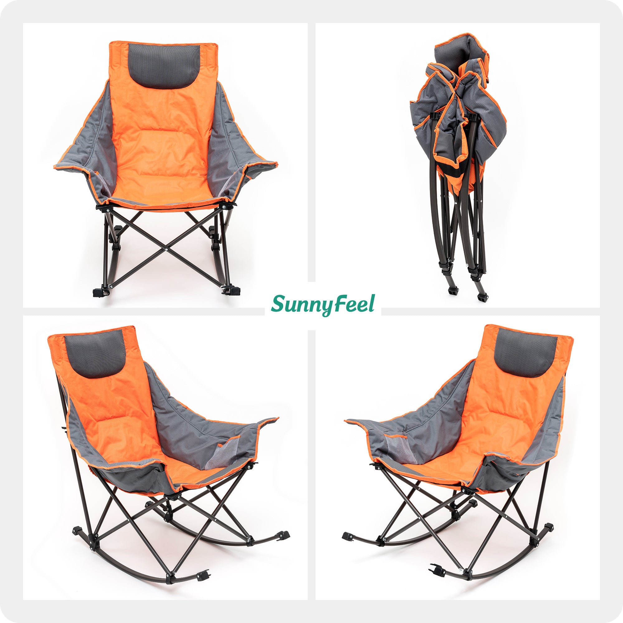 Sunnyfeel AC2026 Camping Rocking Chair for Adults, Luxury Padded Recliner, Oversized Folding Rocker, Outdoor Lawn Chair