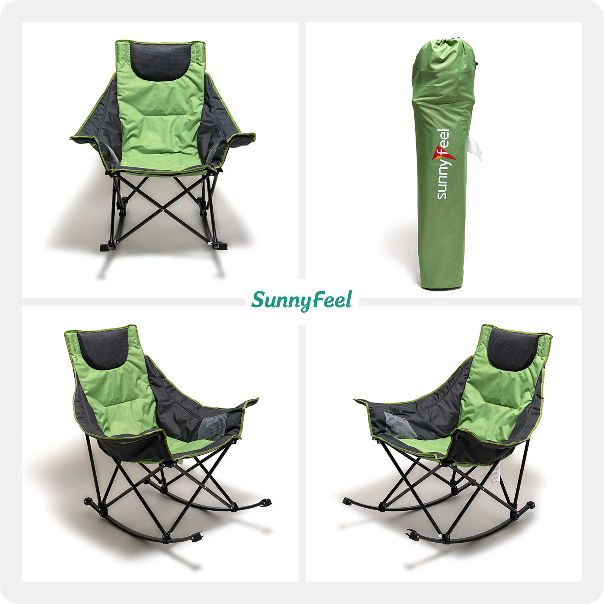 Sunnyfeel AC2026 Camping Rocking Chair for Adults, Luxury Padded Recliner, Oversized Folding Rocker, Outdoor Lawn Chair