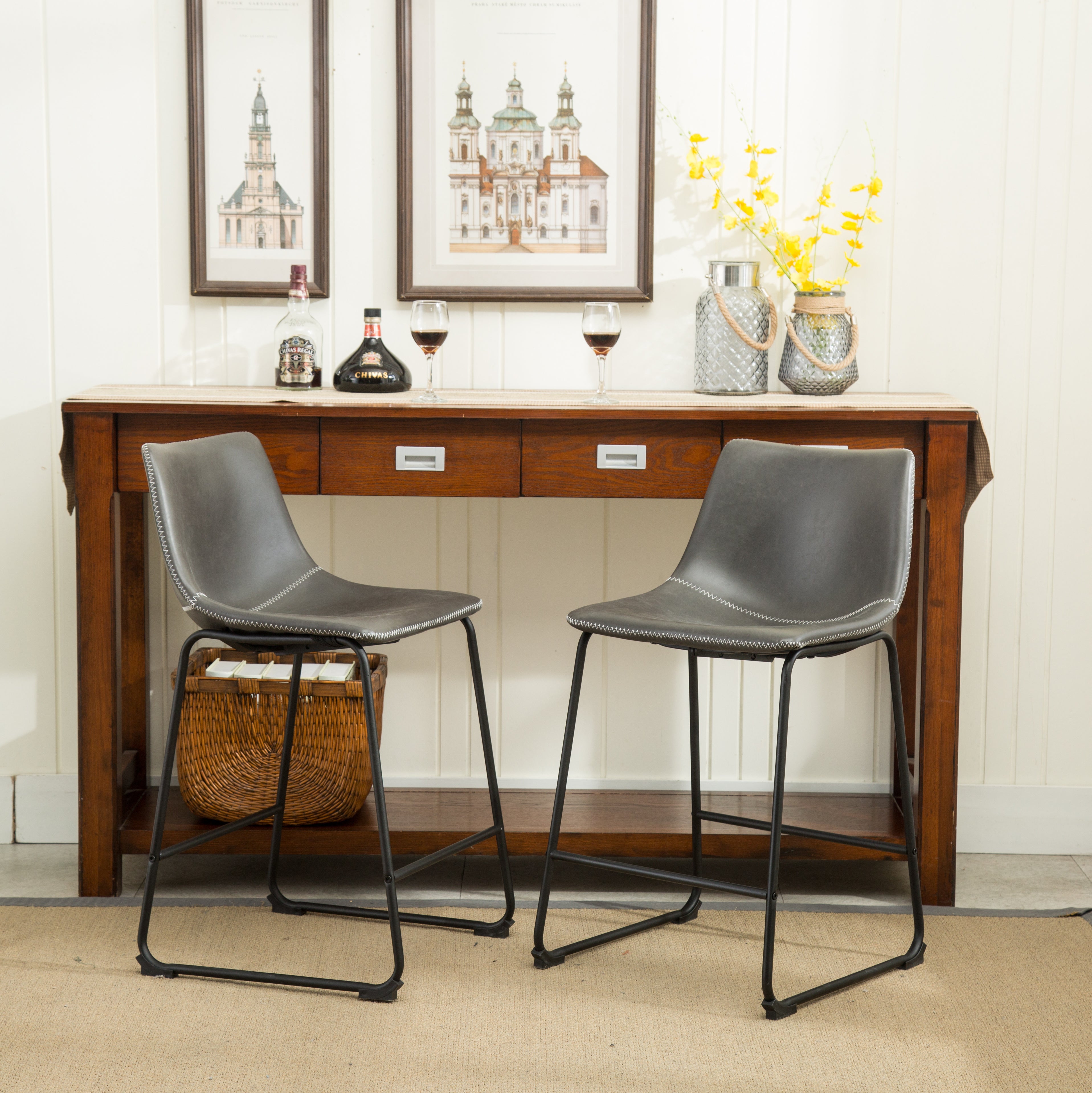 Lotusville Vintage PU Leather Counter Height Stools, Set of 2, Antique Grey