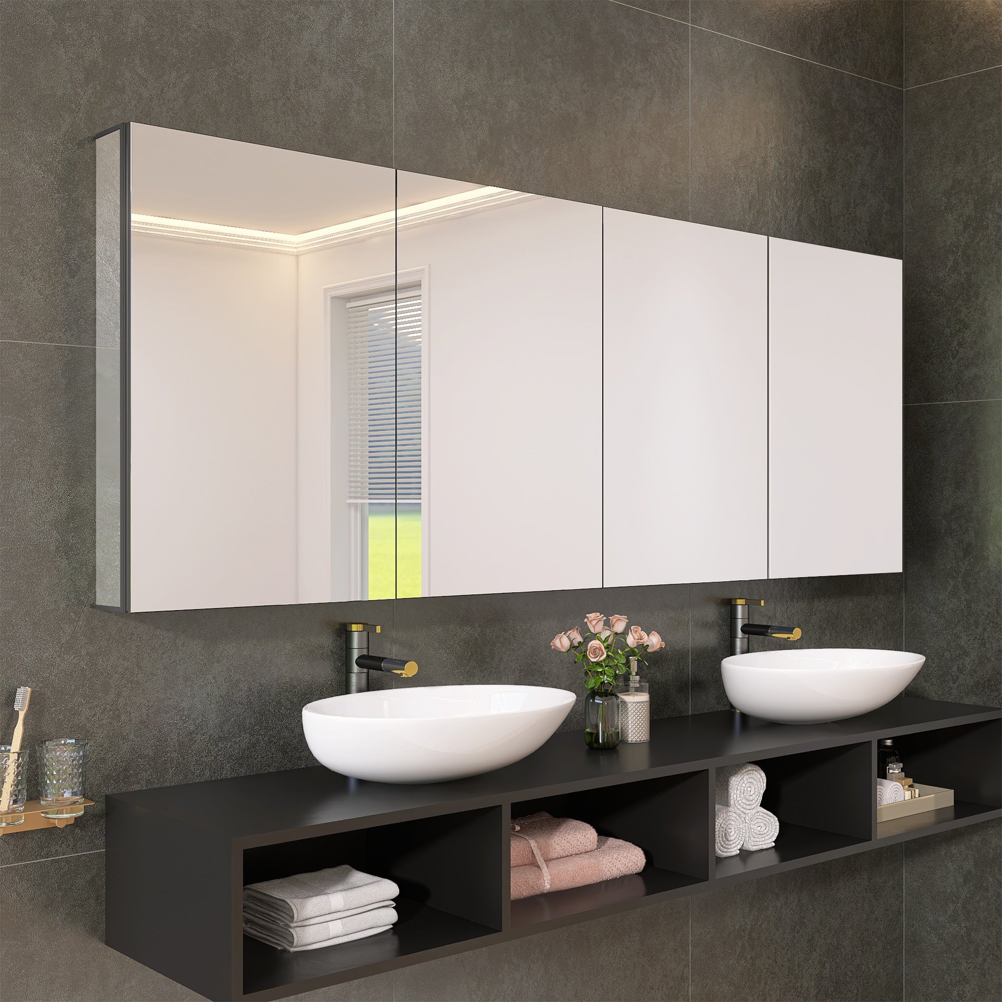 80" x 30" Black Medicine Cabinets with Mirror Recessed or Surface Wall-Mounted Aluminum Alloy Vanity Mirror with Storage