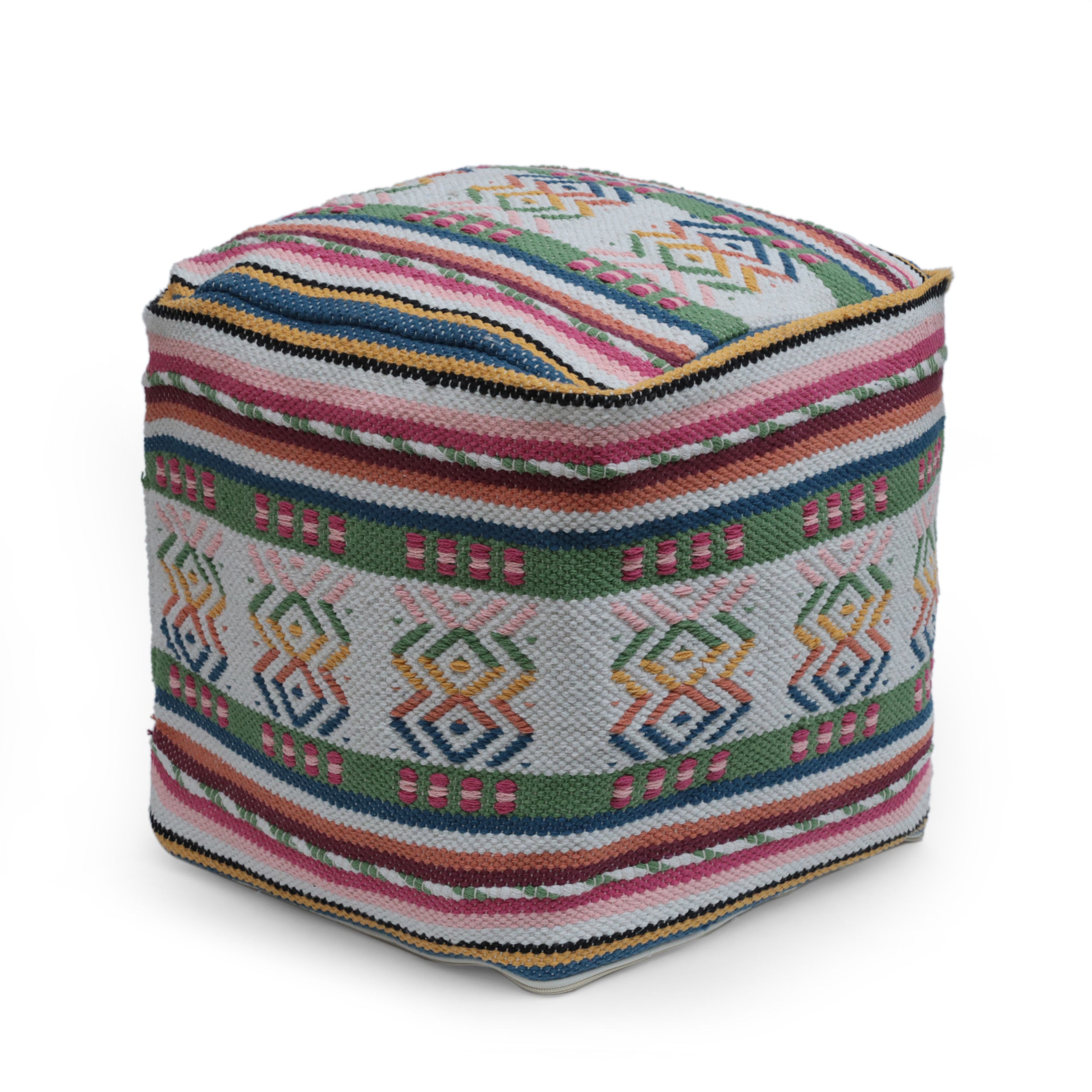 Inca Handcrafted Peruvian Print Square Pouf, White, Pink, Multicolor