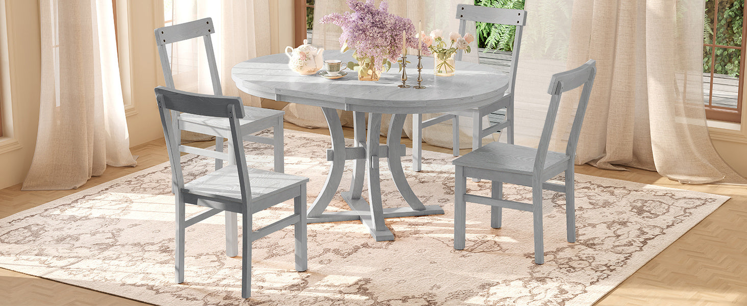 TOPMAX 5-Piece Rustic Round Pedestal Extendable Dining Table Set with 15.7" Removable Leaf and Simple Dining Chirs for Small Places, Gray