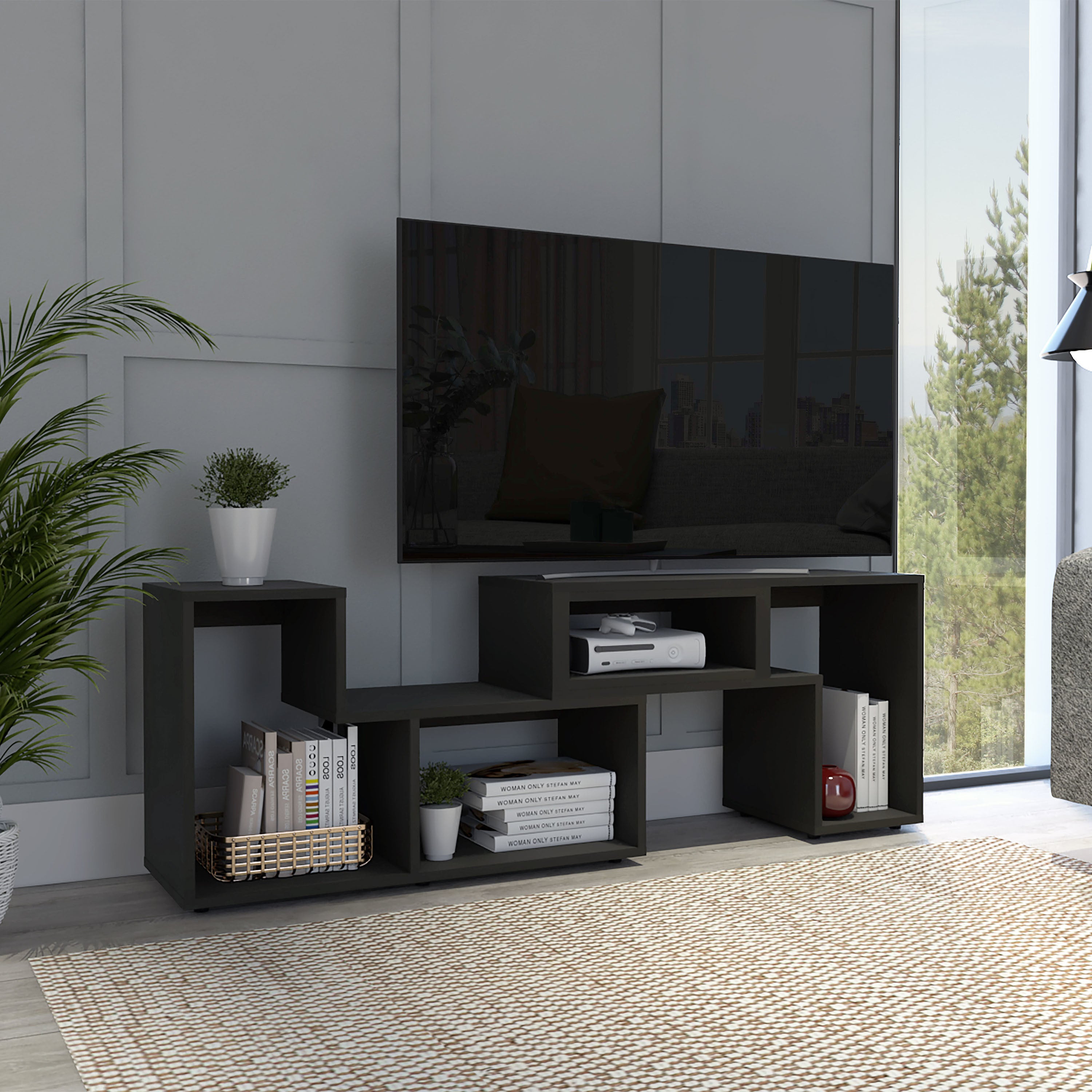 Being Extendable TV Stand, Multiple Shelves -Black