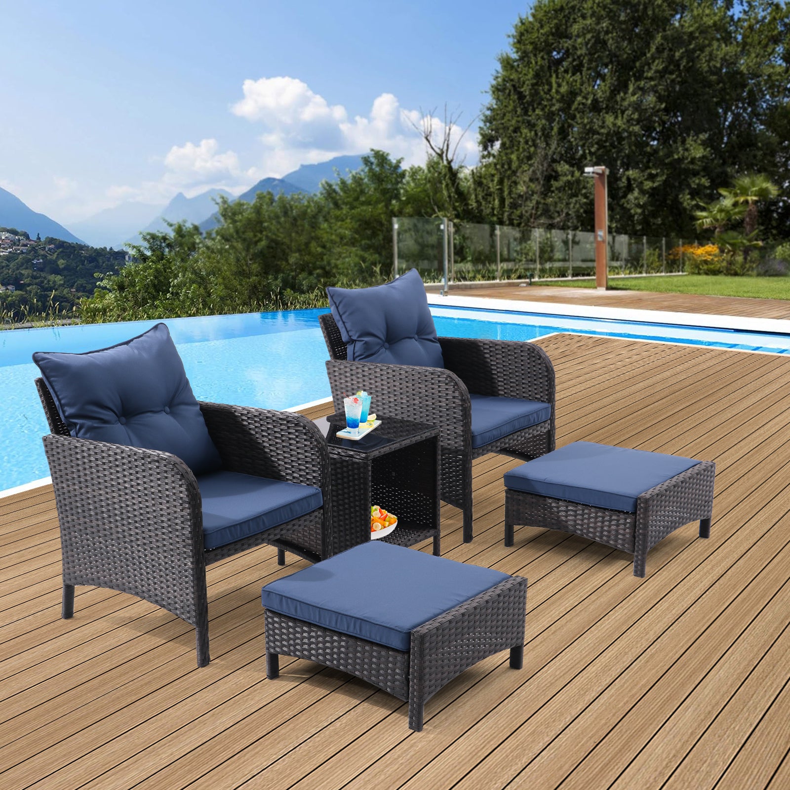 5 Piece Outdoor Patio Furniture Set,All Weather PE Rattan Conversation Chairs with Armrest and Removable Cushions,Ottomans and Storage Coffee Table for Poolside Garden Balcony Deck(Peacock Blue)