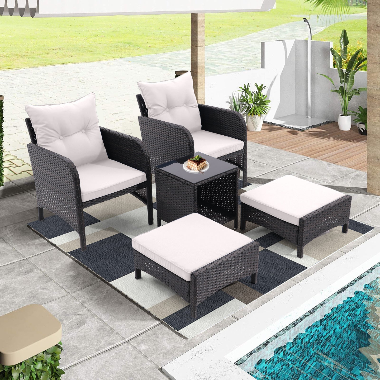 5 Piece Outdoor Patio Furniture Set,All Weather PE Rattan Conversation Chairs with Armrest and Removable Cushions,Ottomans and Storage Coffee Table for Poolside Garden Balcony Deck(Beige)