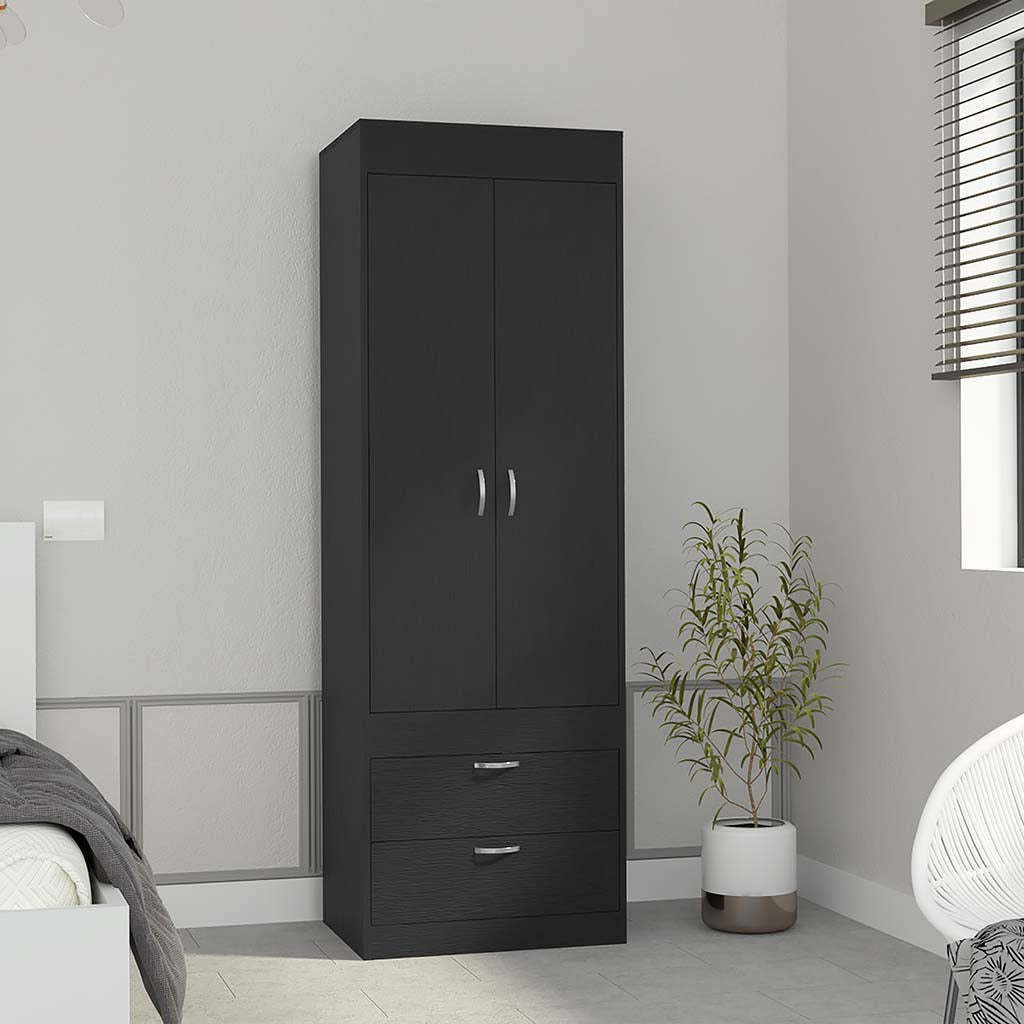 DEPOT E-SHOP Portugal Armoire, Double Door Cabinet, Two Drawers, Metal Handles, Rod, Black